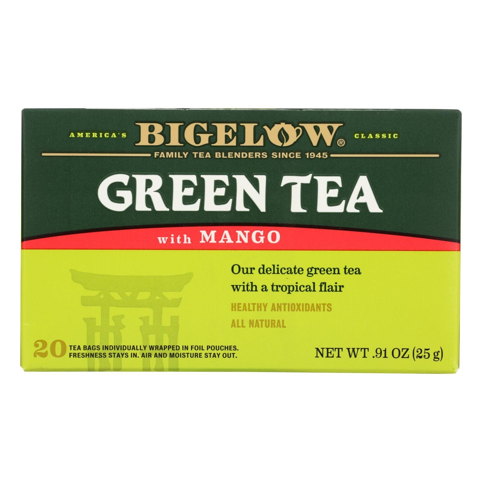 Bigelow Green Tea with the Sweetness of Mango - Energizing Immunity Booster - 6 Pack (20 Tea Bags)