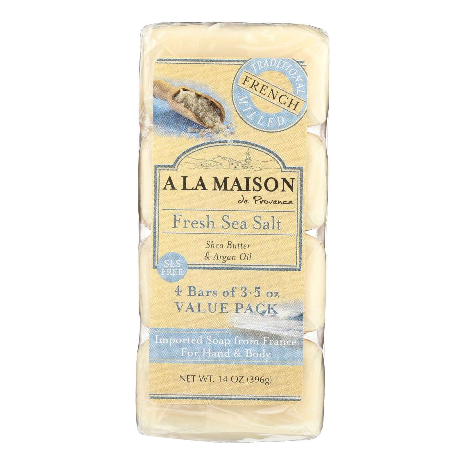 A La Maison French Milled Bar Soap, Pack of 4, Fresh Sea Salt, 3.5 Oz.