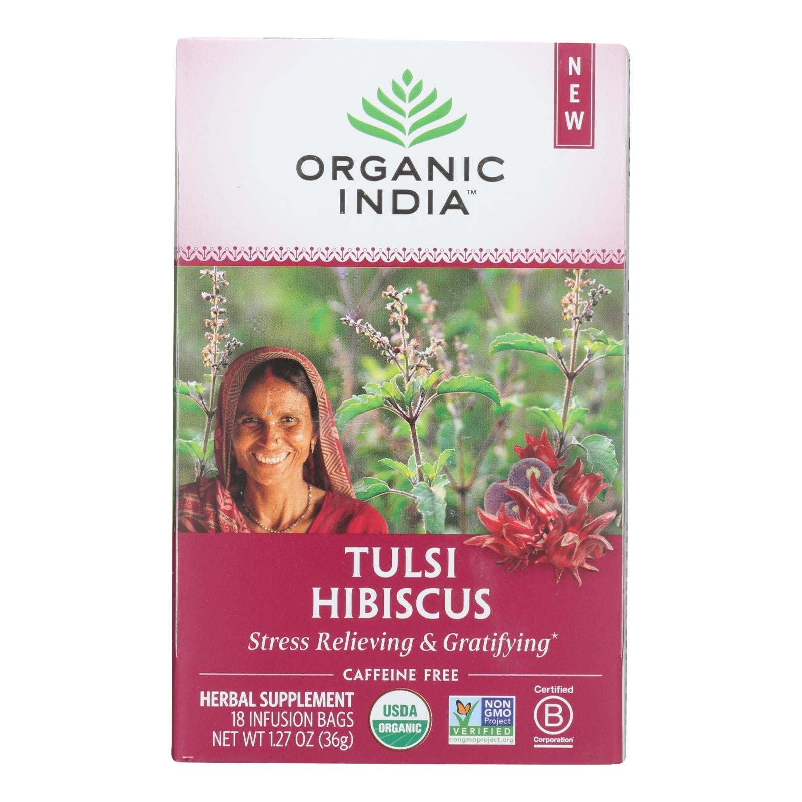 Organic India Tulsi Hibiscus Tea, Relaxing & Refreshing Herbal Supplement, 6 Packs of 18 Tea Bags