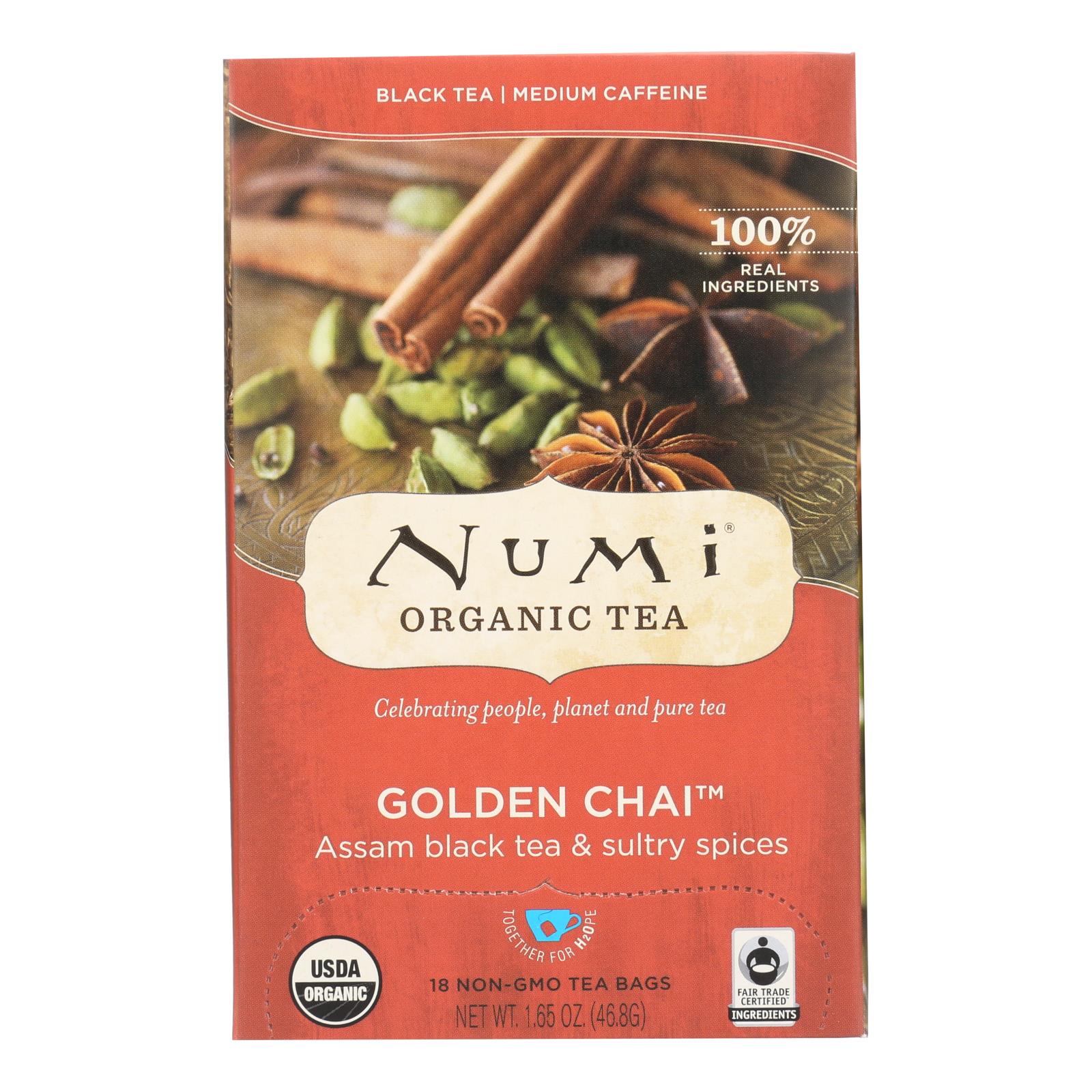 Numi Golden Chai: Assam Black Tea with Sweet & Spicy Spices (Pack of 6 - 18 Tea Bags)