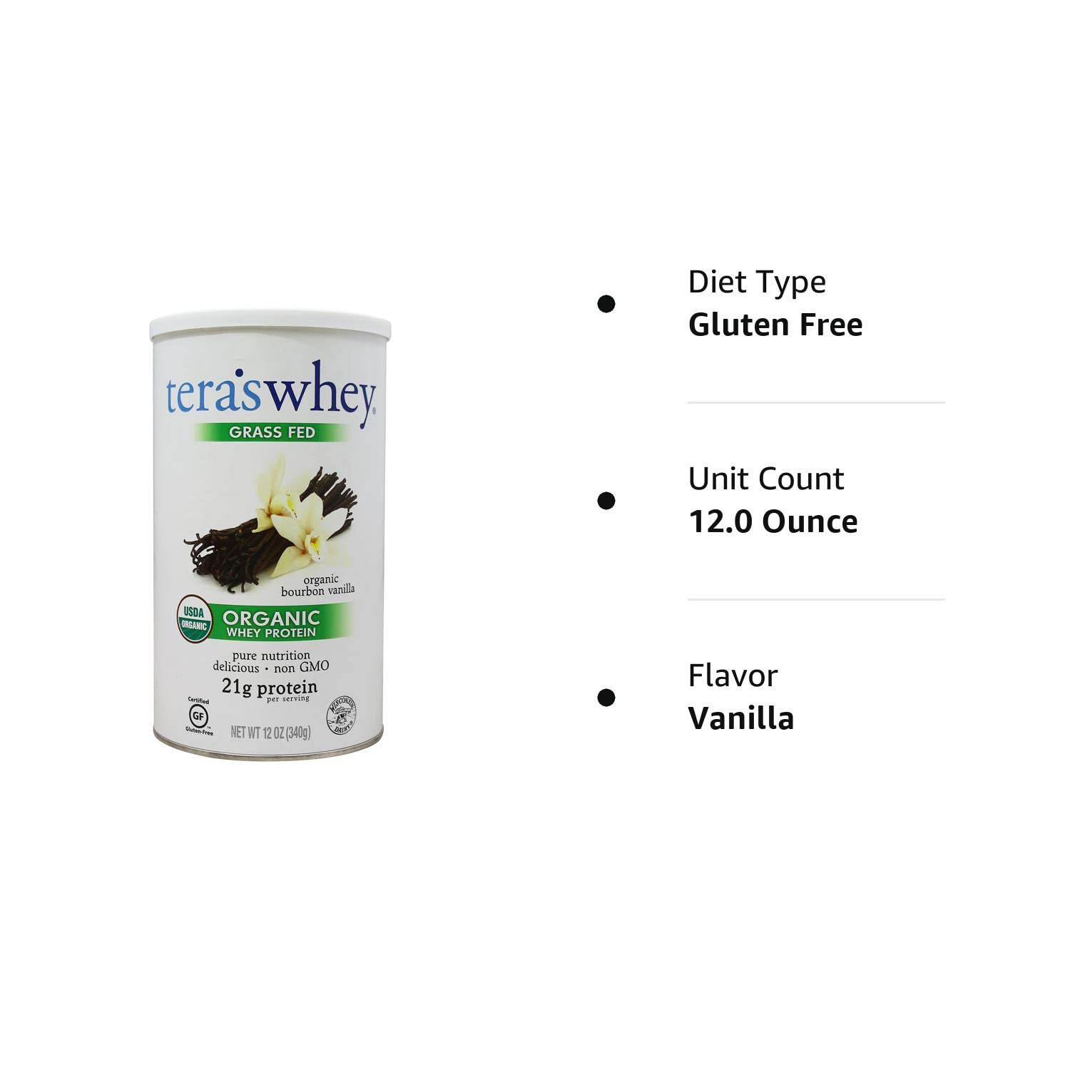 Organic Teras Whey Protein Powder  - Bourbon Vanilla Flavor - 12 oz.