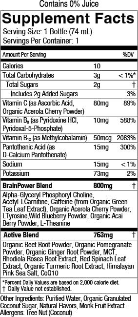 Brain Juice Pre-Workout Pomegranate Acai Active Shots (Pack of 12 - 2.5 Oz.)