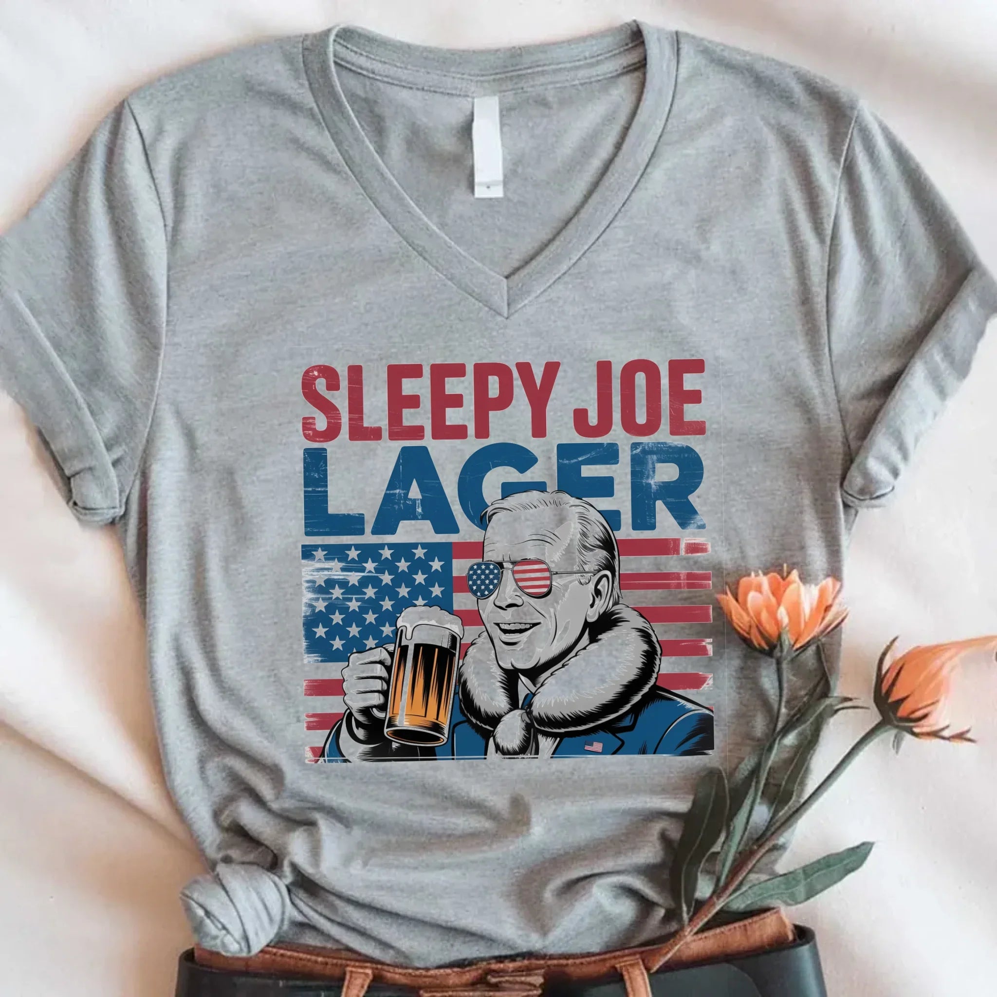Sleepy Joe Lager V-Neck T-Shirt – Biden-Inspired Funny Beer Tee for 4th of July