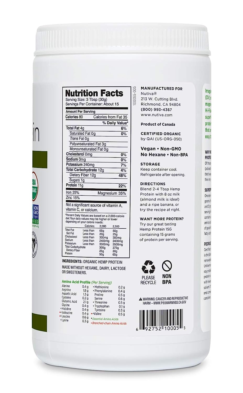 Nutiva Organic Hemp Protein Hi-Fiber, 16 Oz.