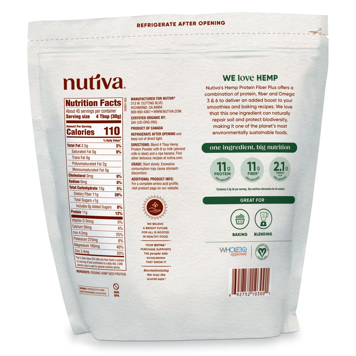 Nutiva Organic Hemp Protein Hi-Fiber, 3 Lbs