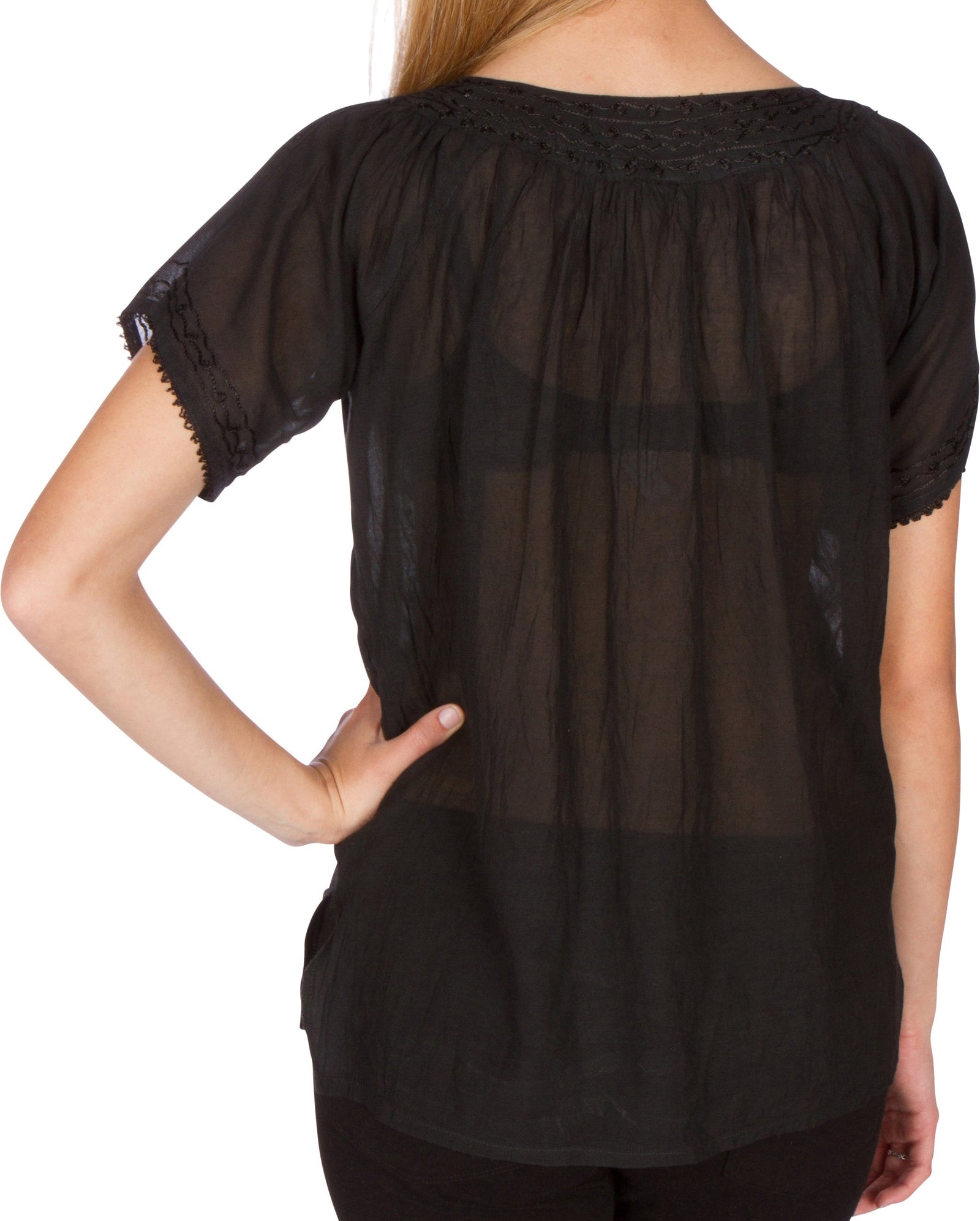 Sakkas Embroidered 100% Cotton Semi-Sheer Short Sleeve Gauzy Top / Blouse