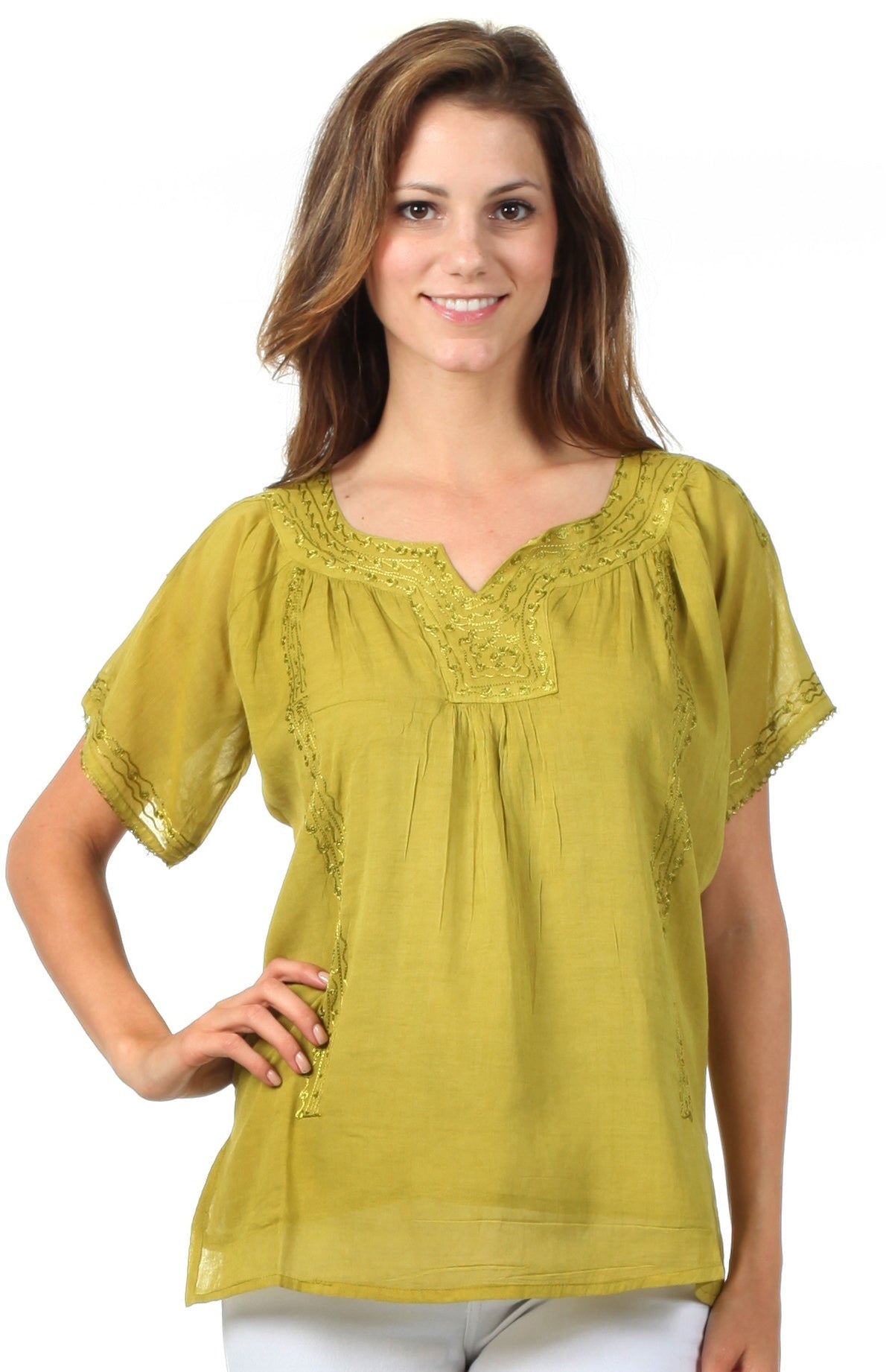 Sakkas Embroidered 100% Cotton Semi-Sheer Short Sleeve Gauzy Top / Blouse