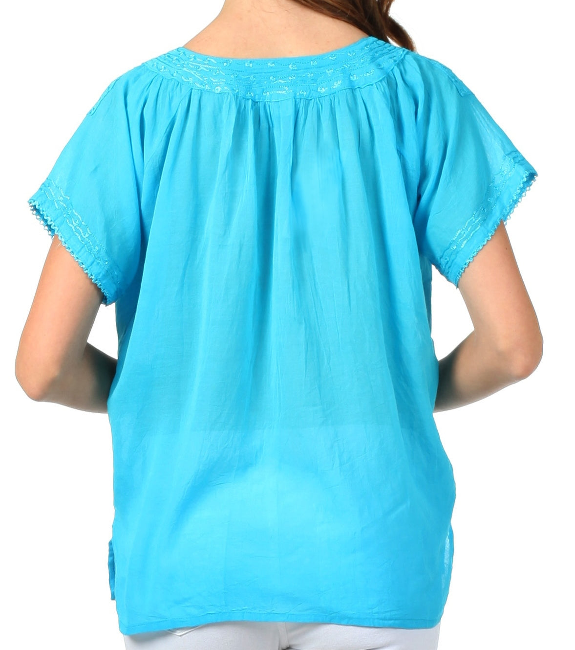 Sakkas Embroidered 100% Cotton Semi-Sheer Short Sleeve Gauzy Top / Blouse