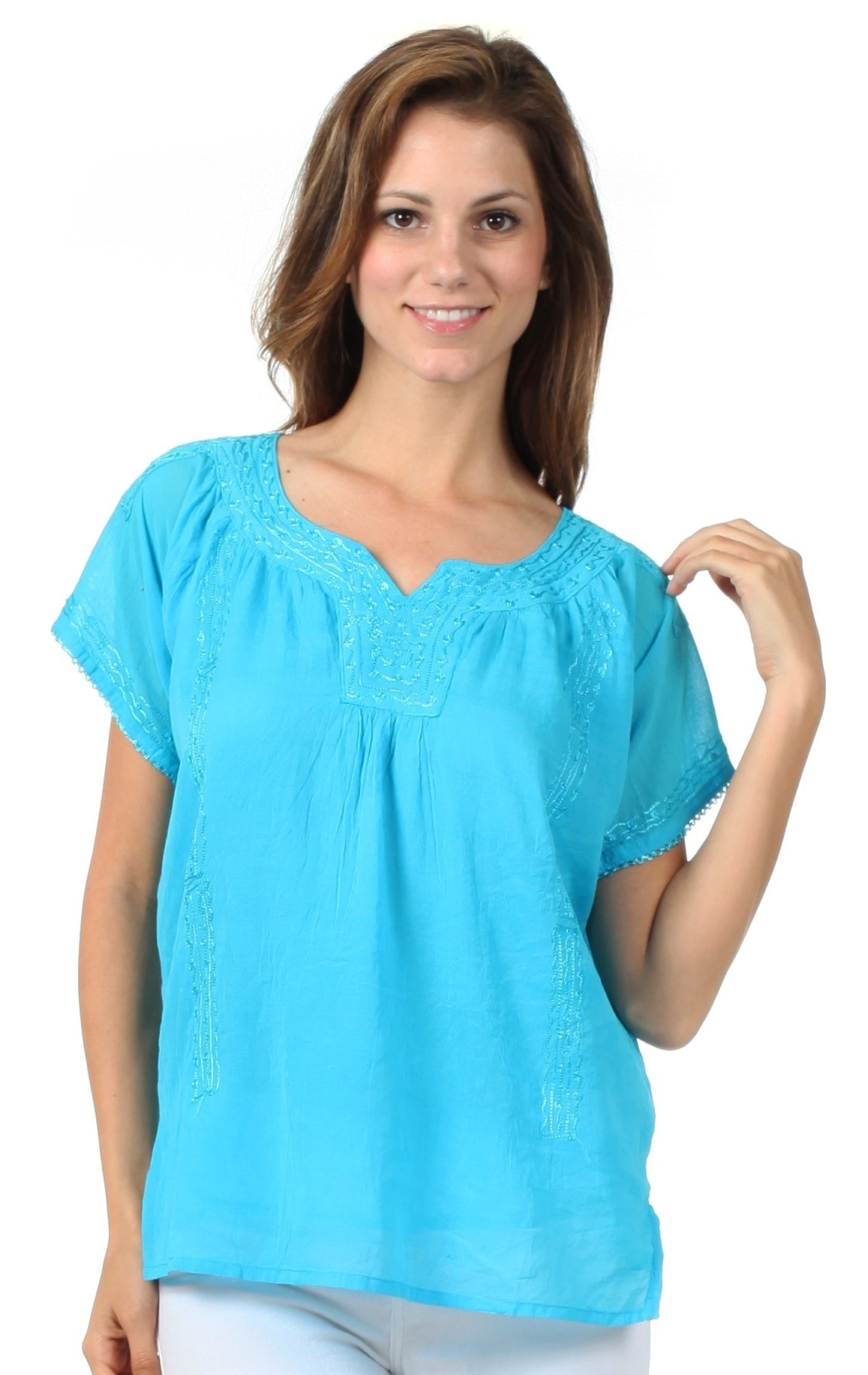 Sakkas Embroidered 100% Cotton Semi-Sheer Short Sleeve Gauzy Top / Blouse