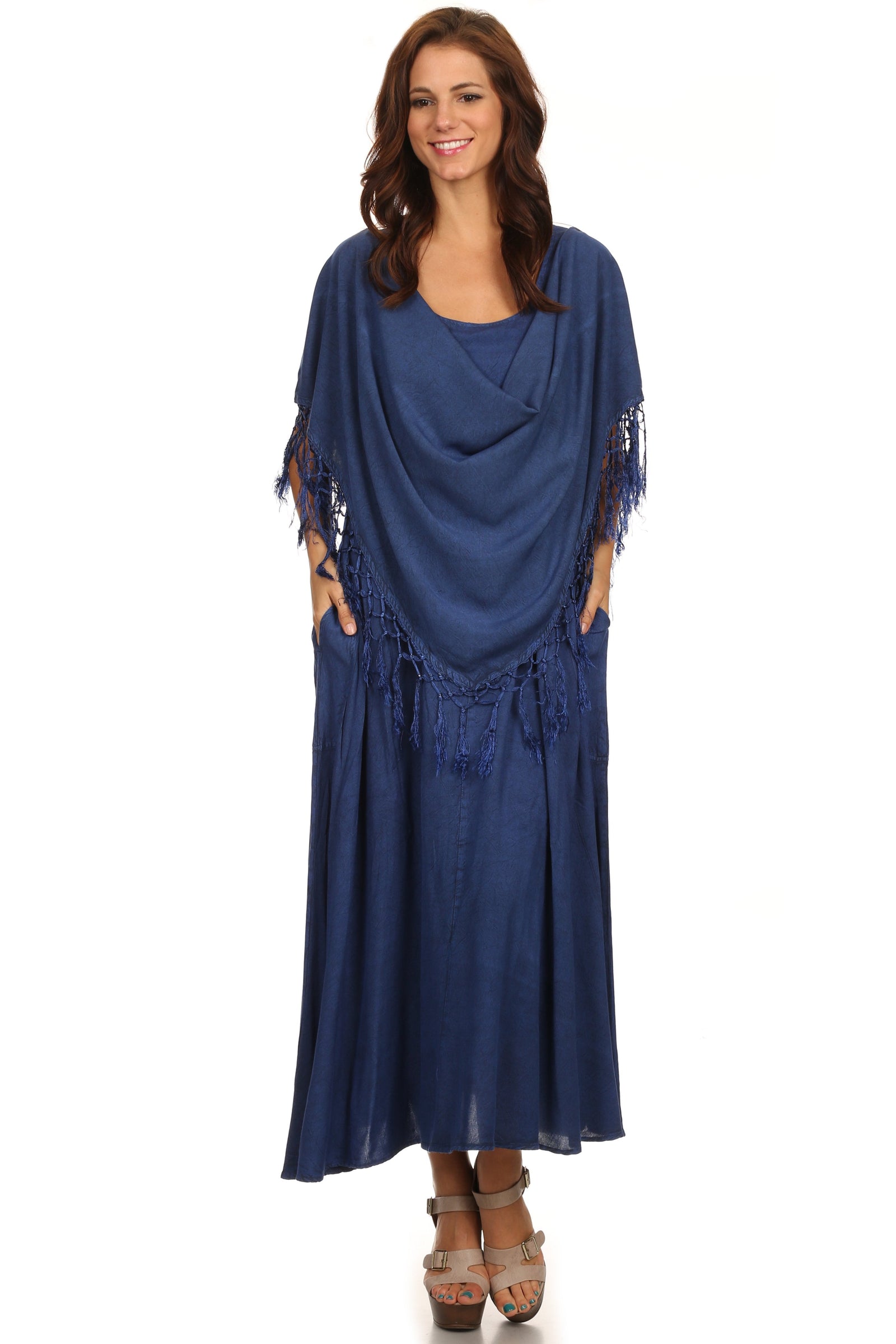 Sakkas Emma Relaxed Fit Scoop Neck Double Layered with Fringe Tank Dress