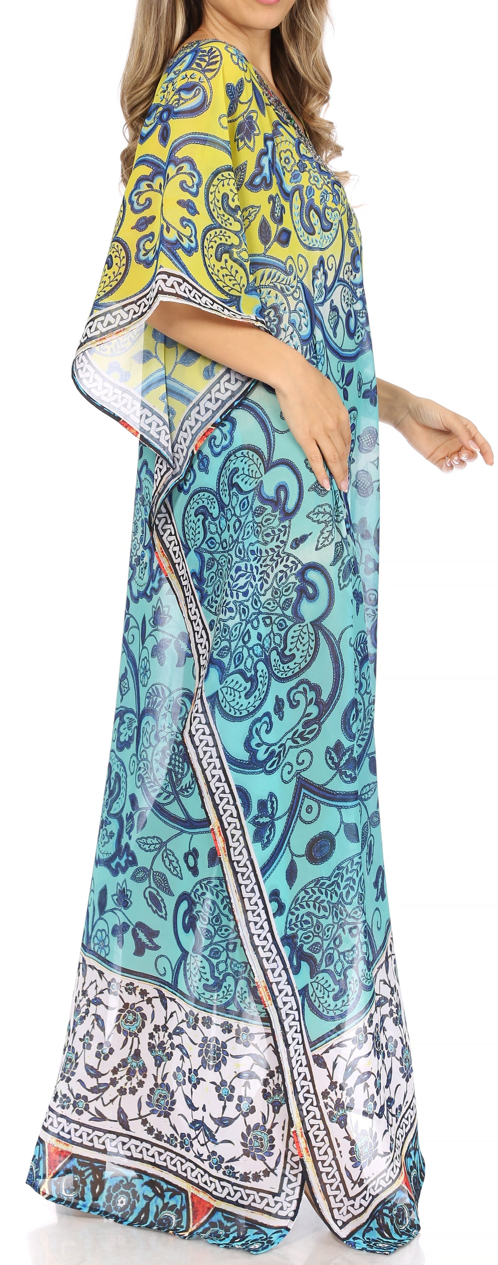 Sakkas Wilder Printed Design Long Sheer Rhinestone Caftan Dress / Cover Up
