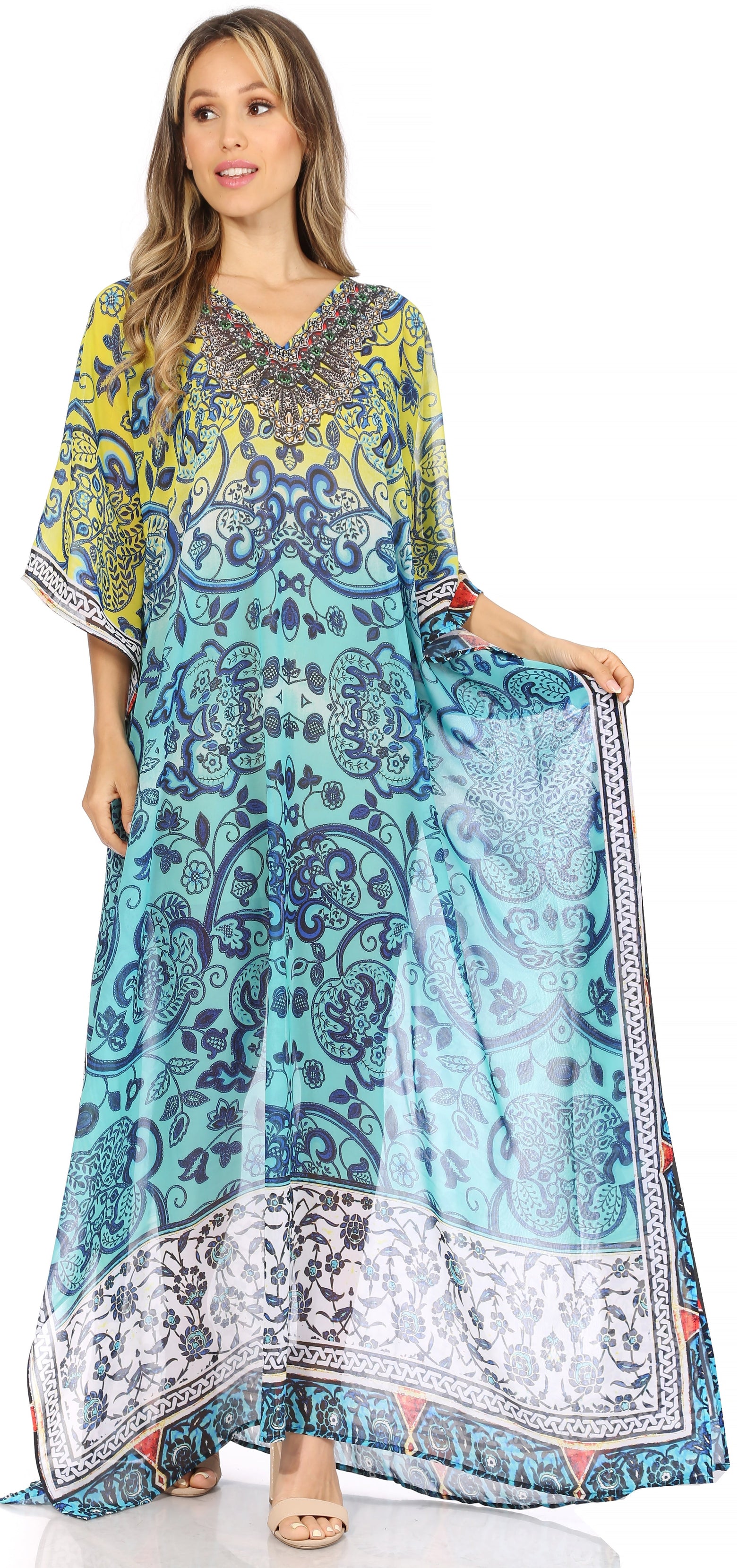 Sakkas Wilder Printed Design Long Sheer Rhinestone Caftan Dress / Cover Up