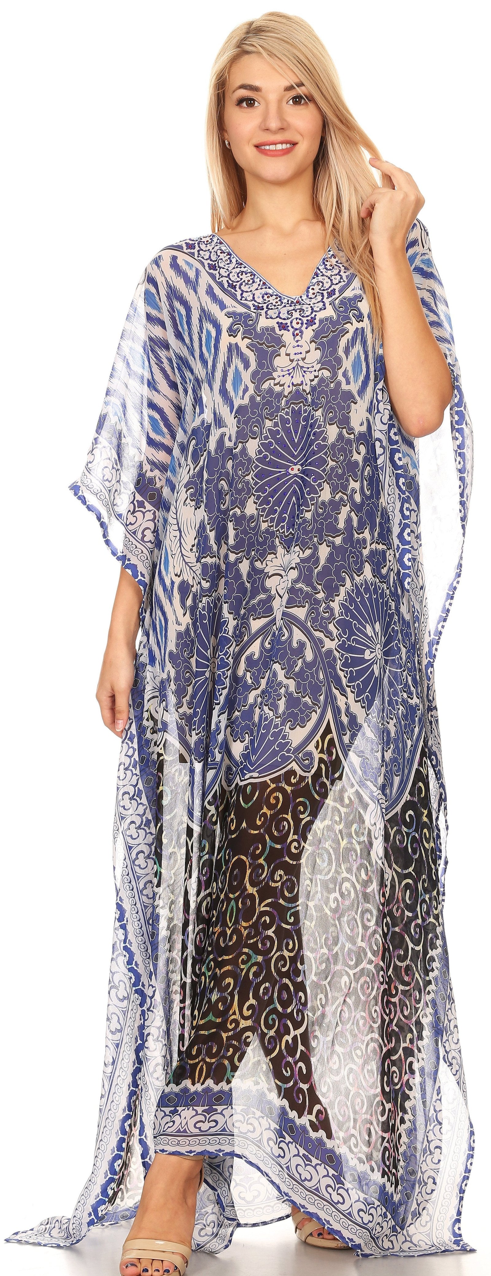 Sakkas Wilder Printed Design Long Sheer Rhinestone Caftan Dress / Cover Up