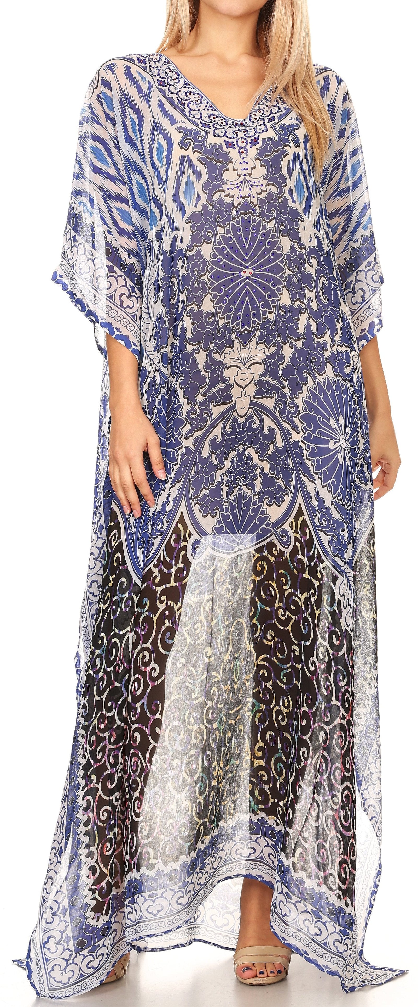 Sakkas Wilder Printed Design Long Sheer Rhinestone Caftan Dress / Cover Up