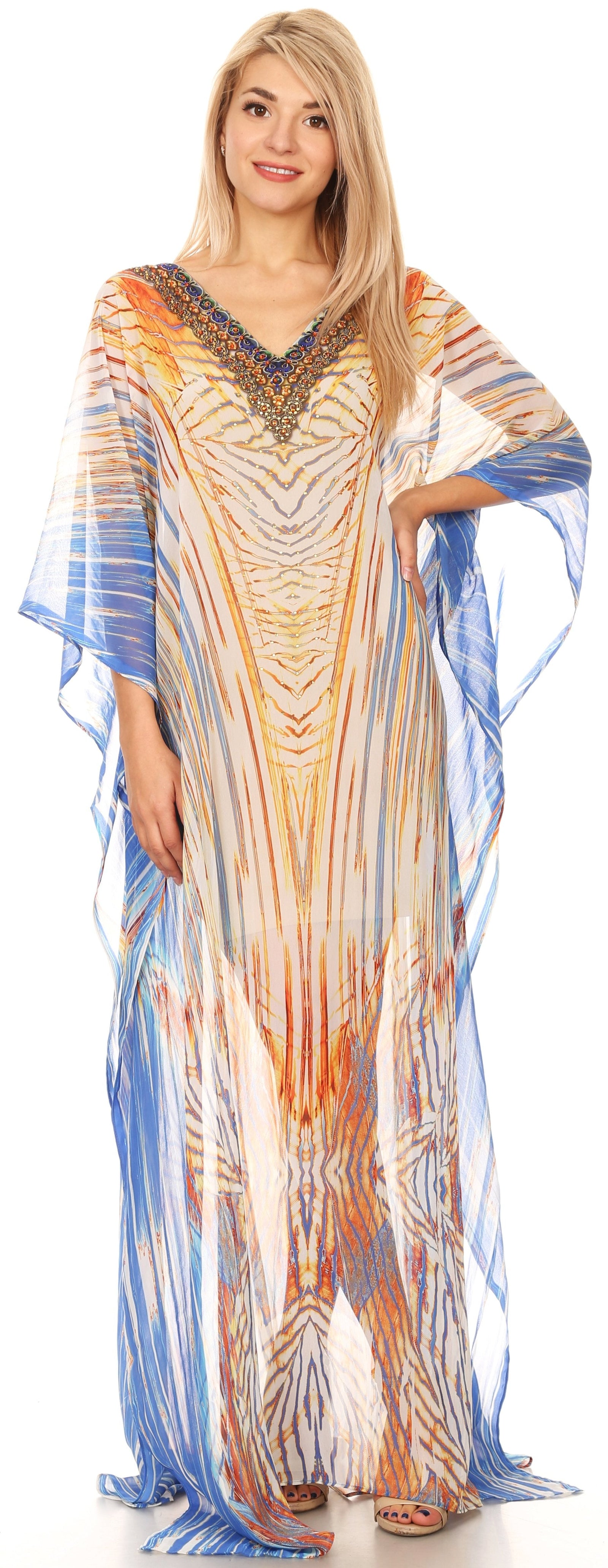 Sakkas Wilder Printed Design Long Sheer Rhinestone Caftan Dress / Cover Up