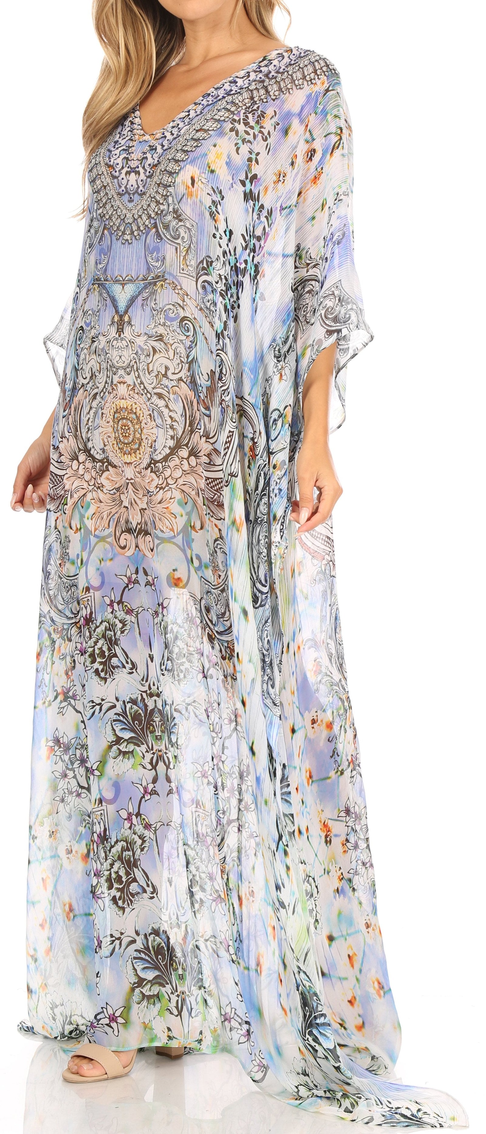 Sakkas Wilder Printed Design Long Sheer Rhinestone Caftan Dress / Cover Up