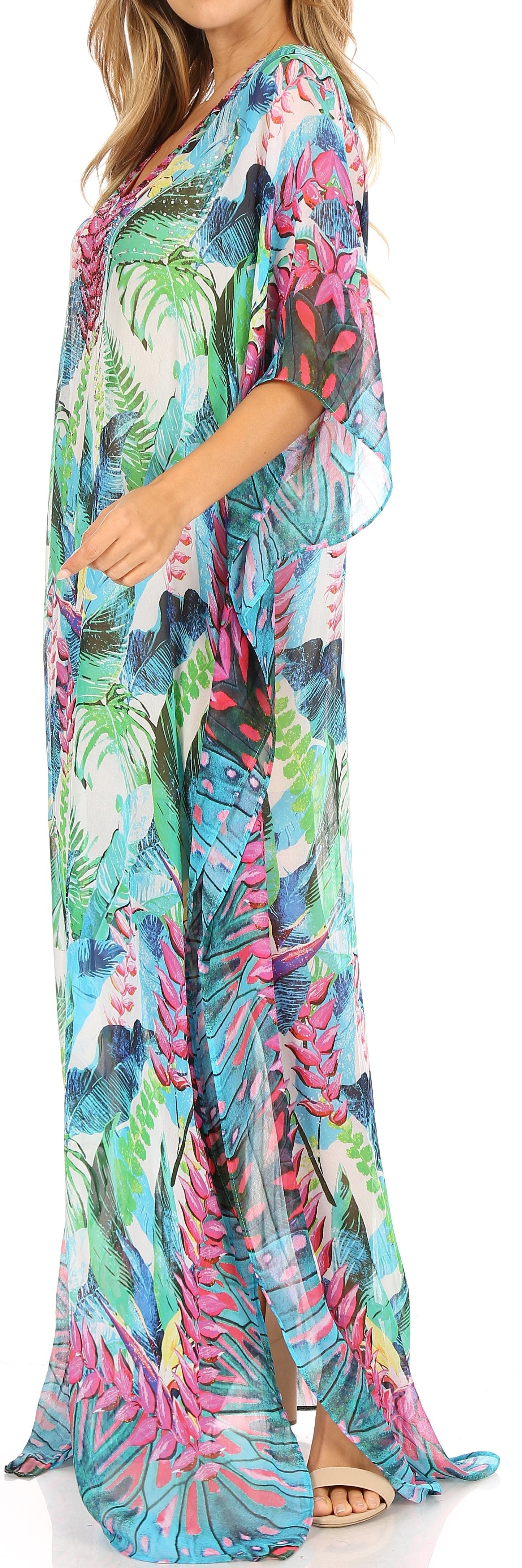 Sakkas Wilder Printed Design Long Sheer Rhinestone Caftan Dress / Cover Up