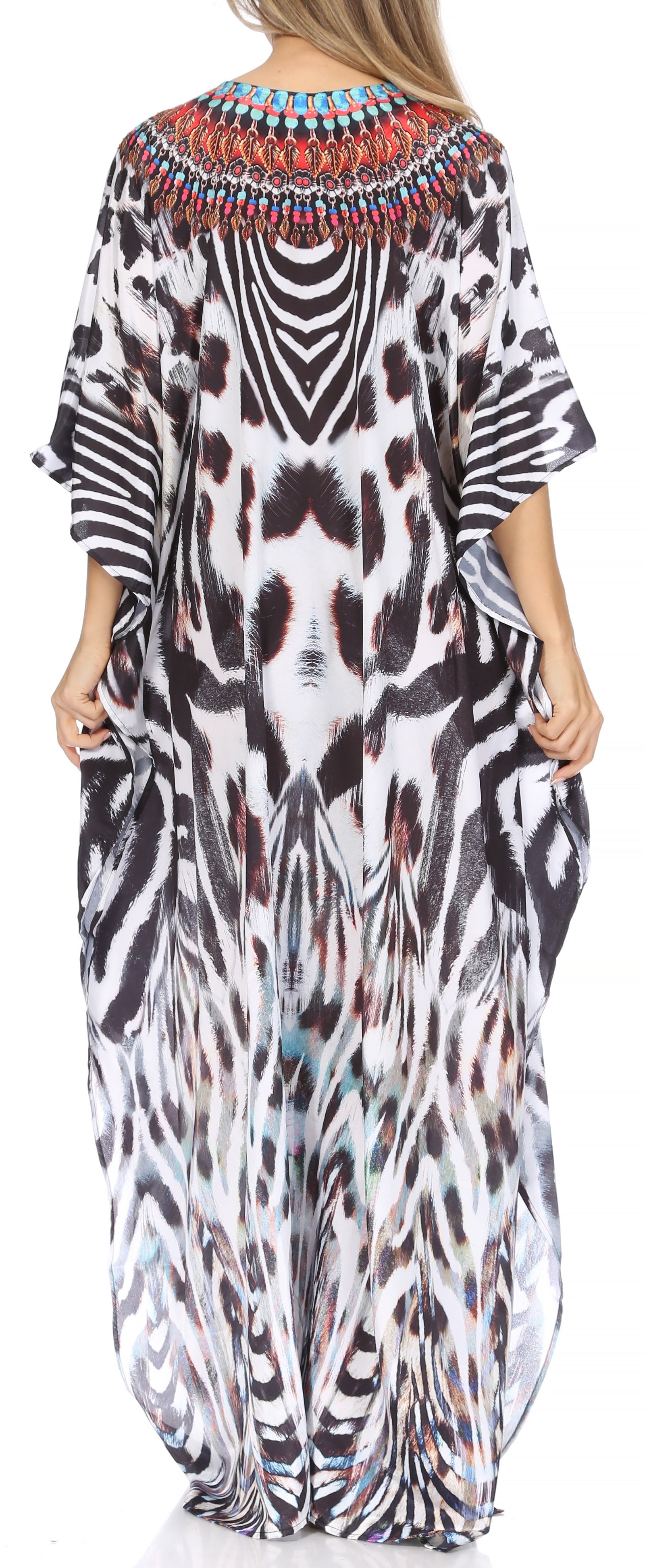 Sakkas Georgettina Flowy Rhinestone V Neck Long Caftan Dress/Cover Up
