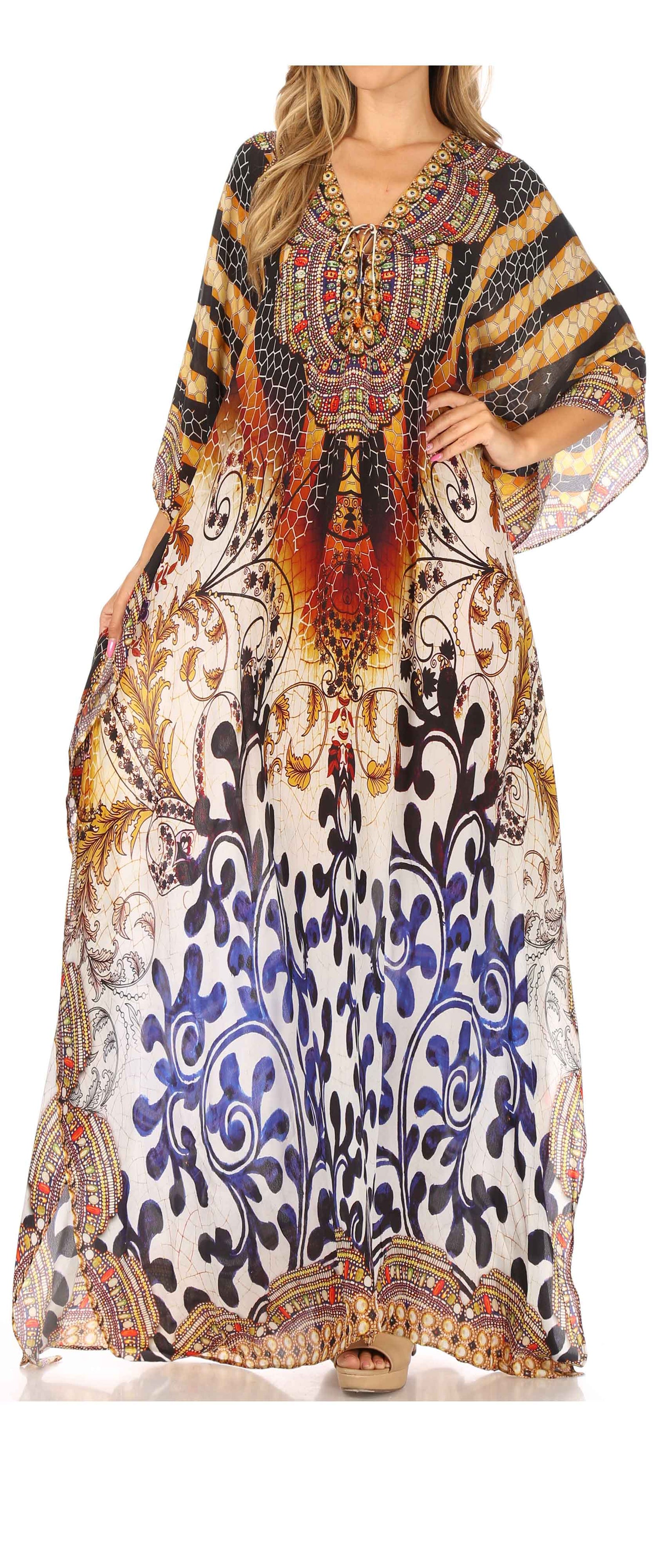 Sakkas Georgettina Flowy Rhinestone V Neck Long Caftan Dress/Cover Up