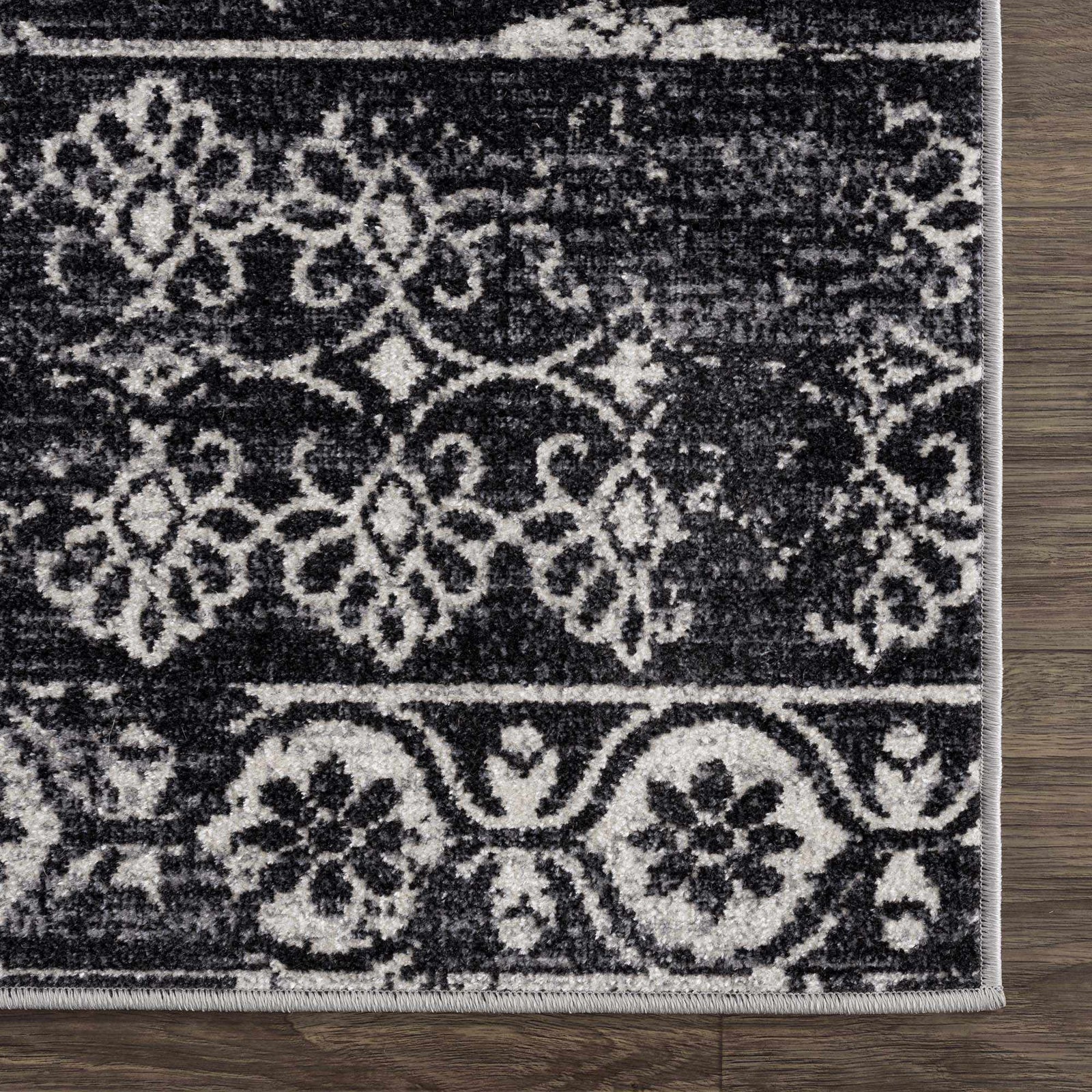 Kahraman Black&White Floral Washable Area Rug