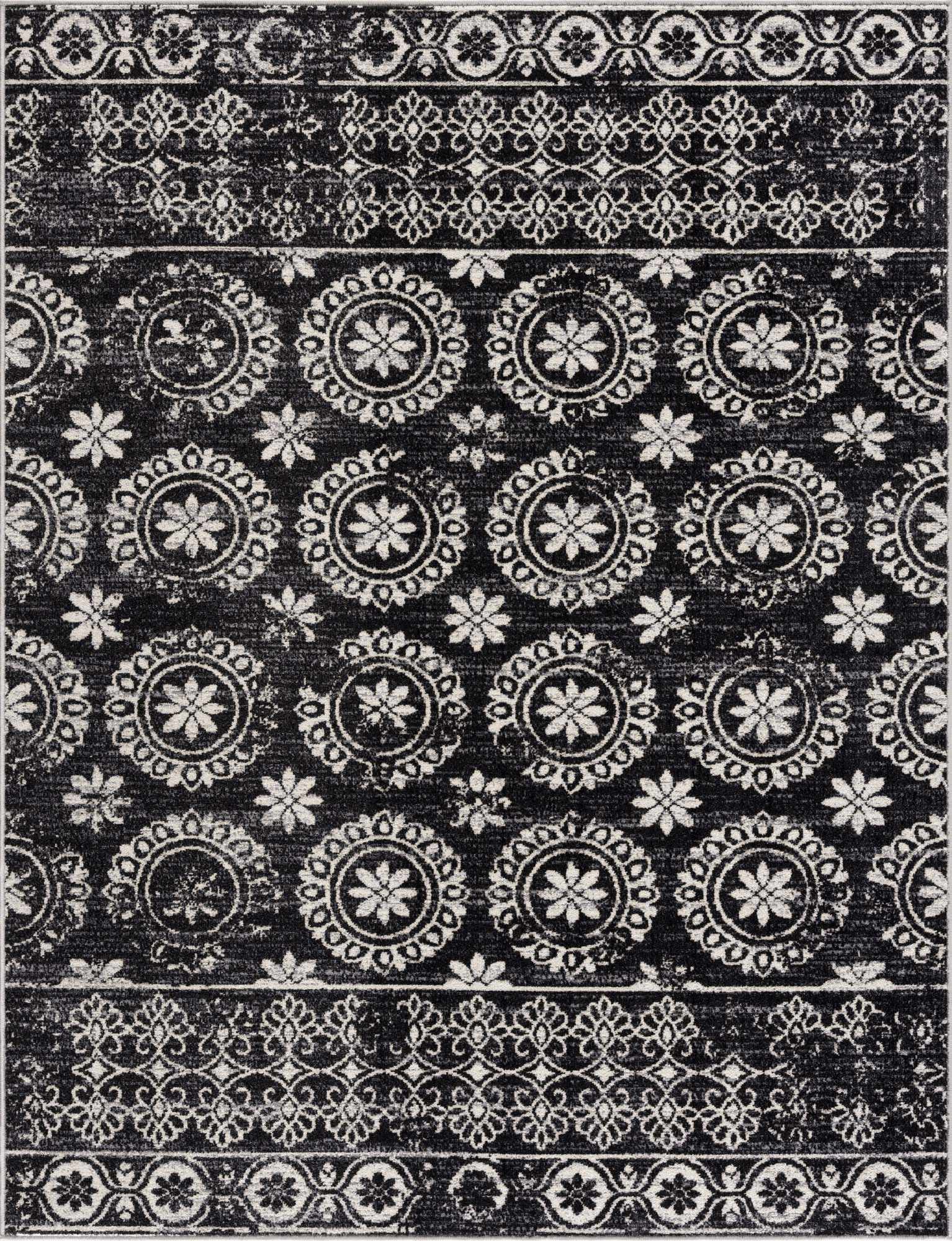Kahraman Black&White Floral Washable Area Rug