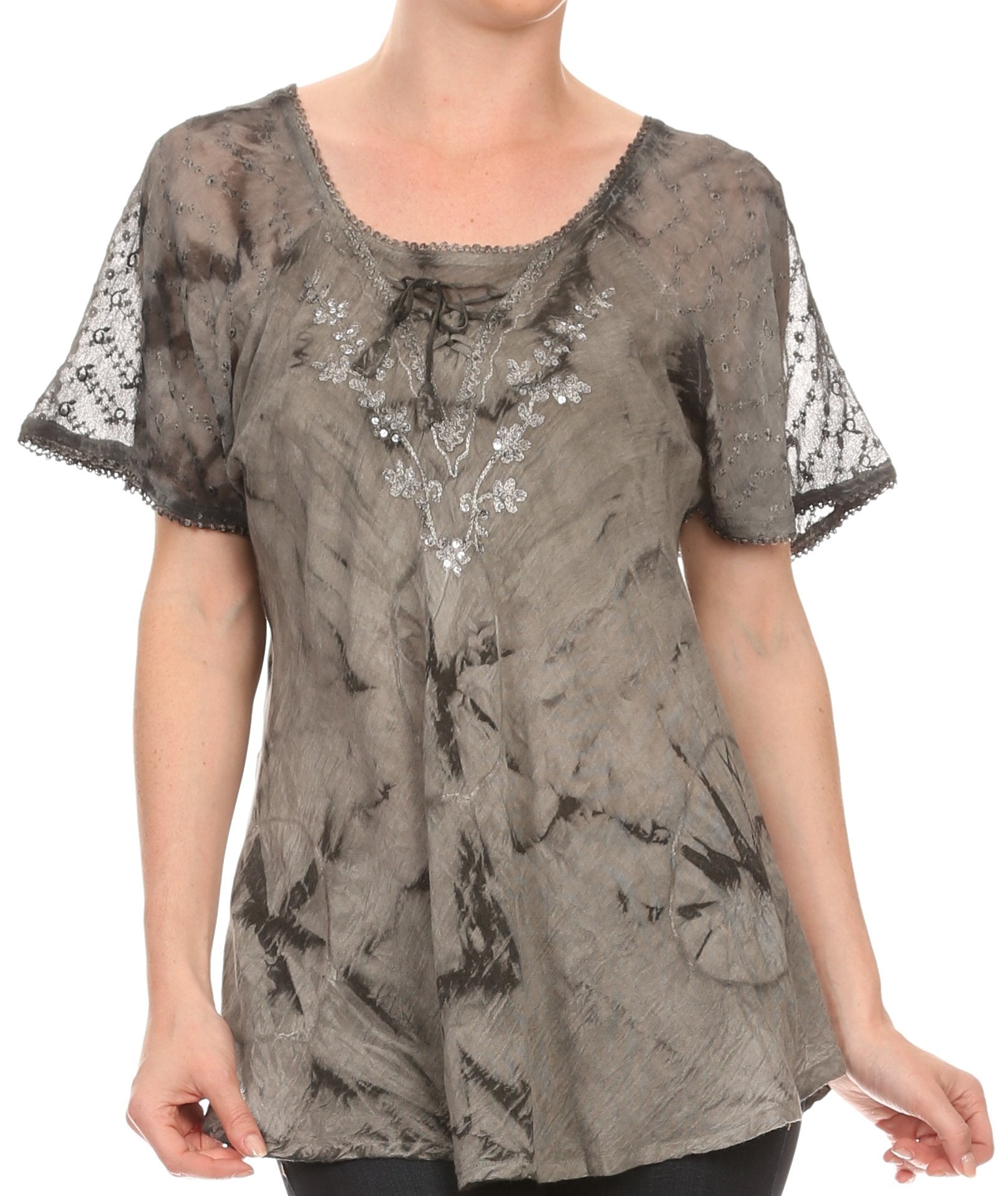 Sakkas Hana Tie Dye Relaxed Fit Embroidery Cap Sleeves Peasant Batik Blouse / Top
