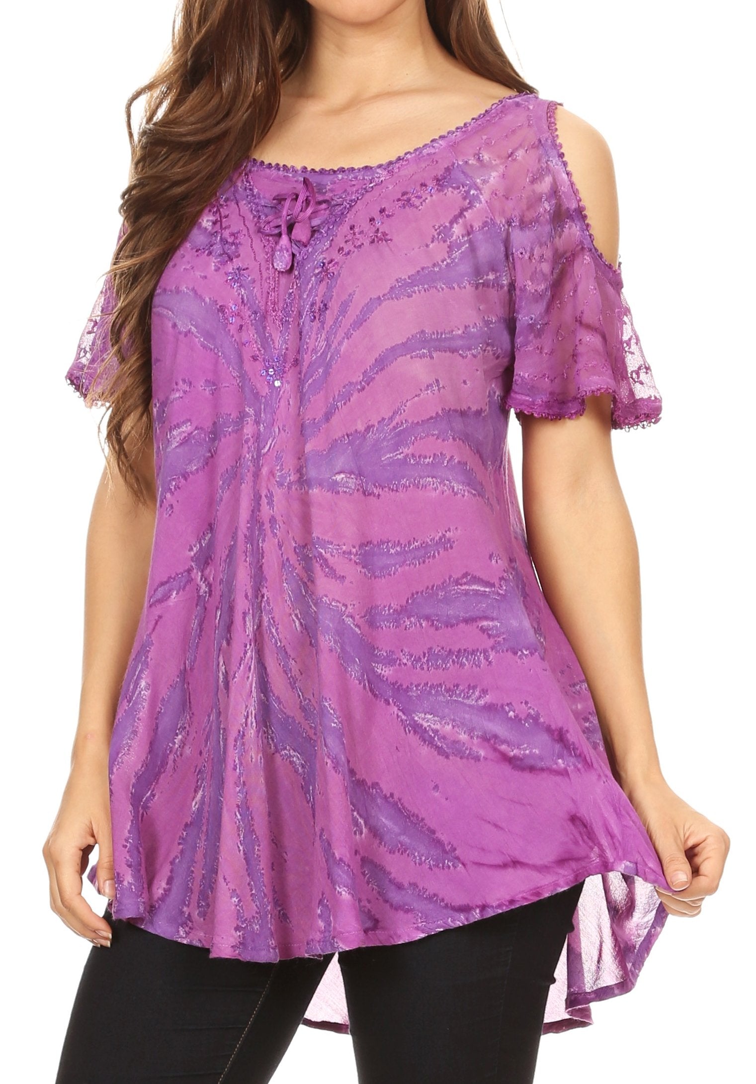 Sakkas Filipa Womens Cold Shoulder Top Blouse Tie-dye with Corset and Embroidery