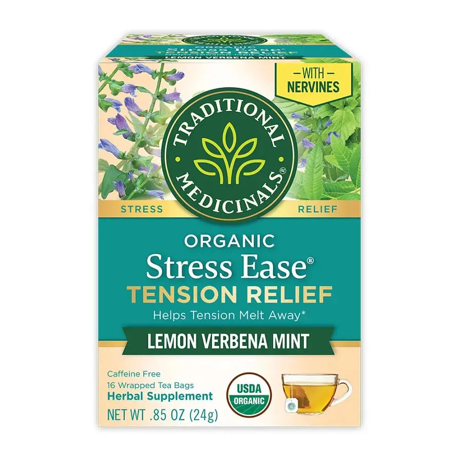 Traditional Medicinals Organic Stress Ease Tension Relief Lemon Verbena Mint Tea - Case Of 6 - 16 Bags