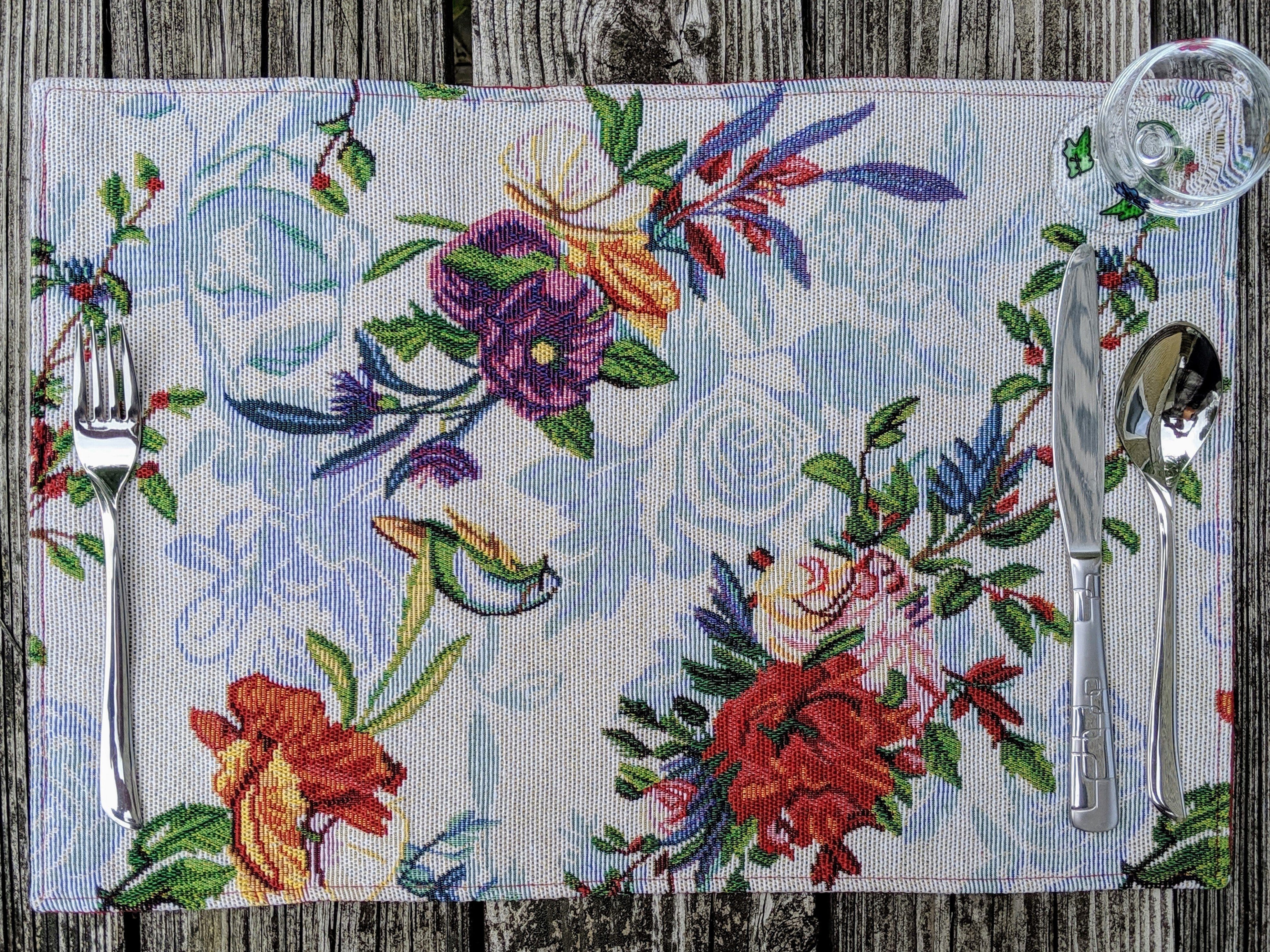 DaDa Bedding Set of 4-Pieces Tropical Sky Blue Birds Floral Tapestry Dining Table Placemats 13” x 19” (18116)