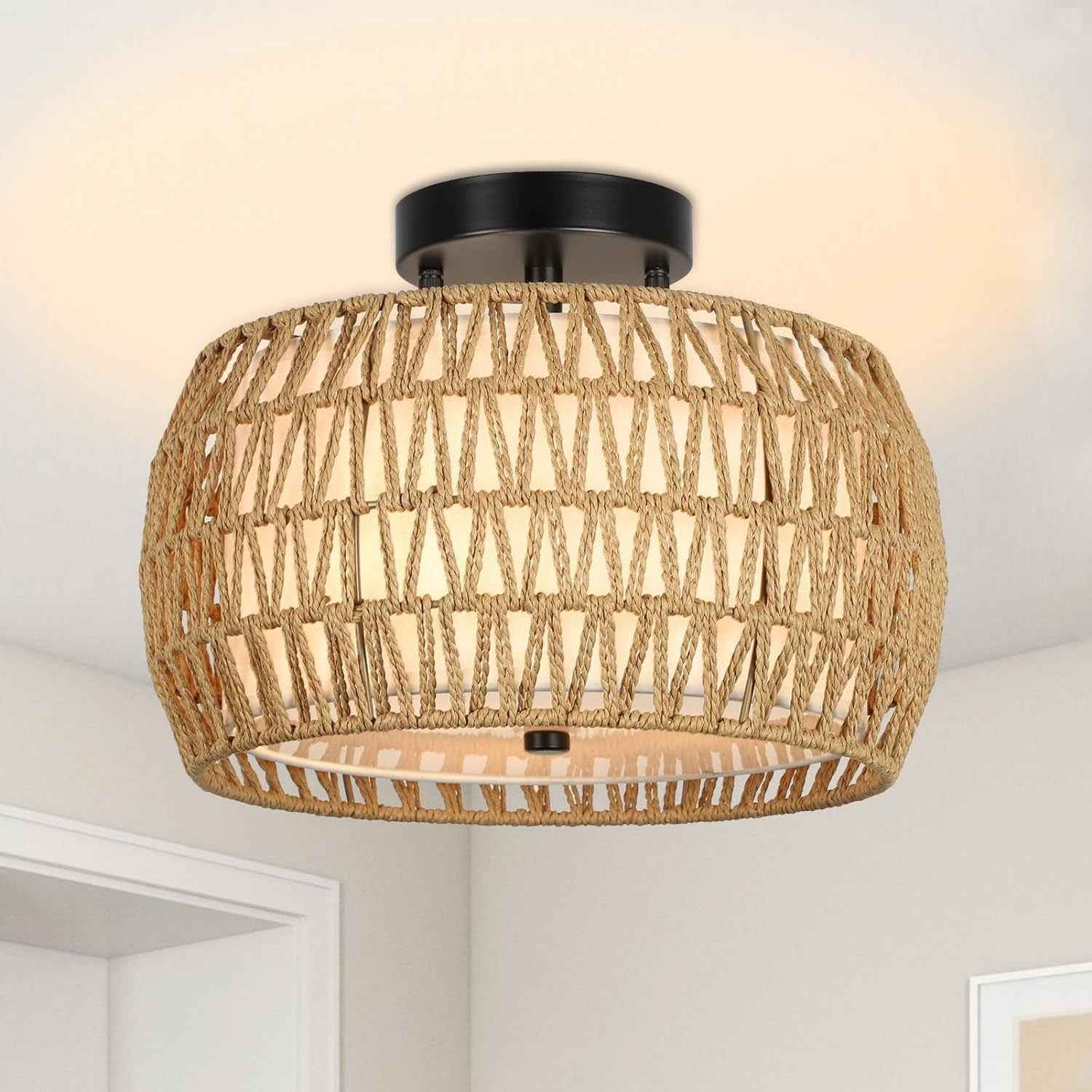 Walker Edison | Boho Rattan Flush Mount Ceiling Light