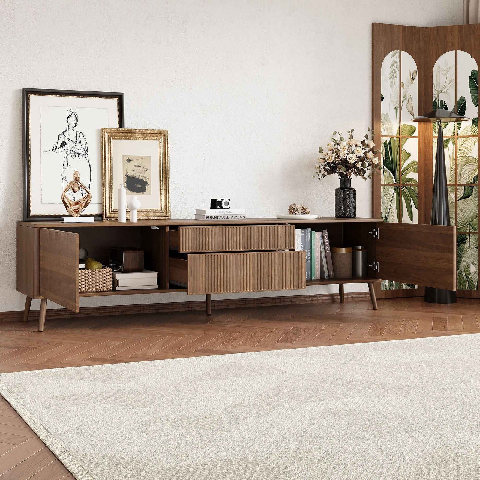 Fluted TV Stand With Storage Drawers And Cabinets For TVs Up To 80