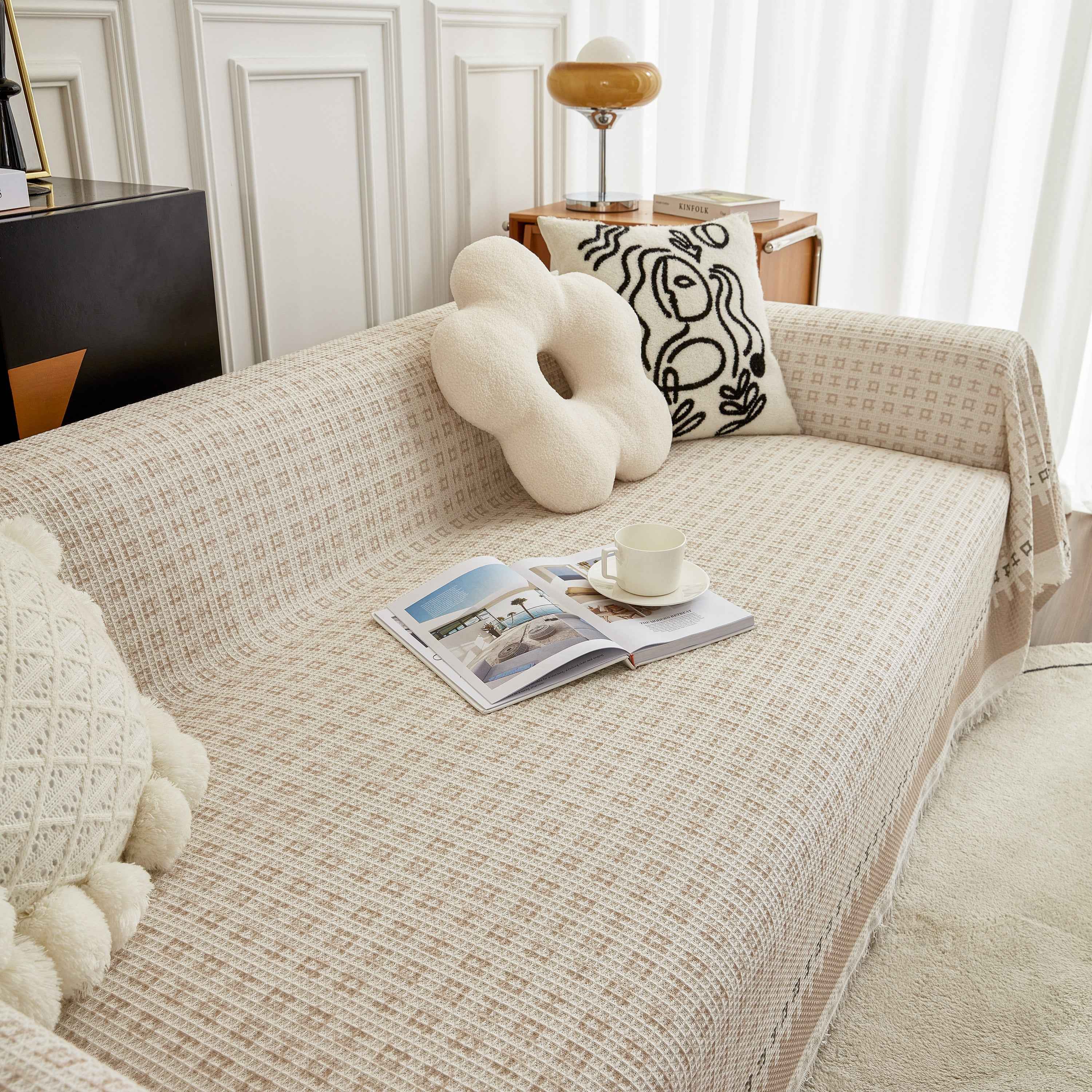 Waffle Lattice Fabric Sofa Cover, Multi-purpose Soft Sofa Throw, Couch Cover Blanket Throws for Couches