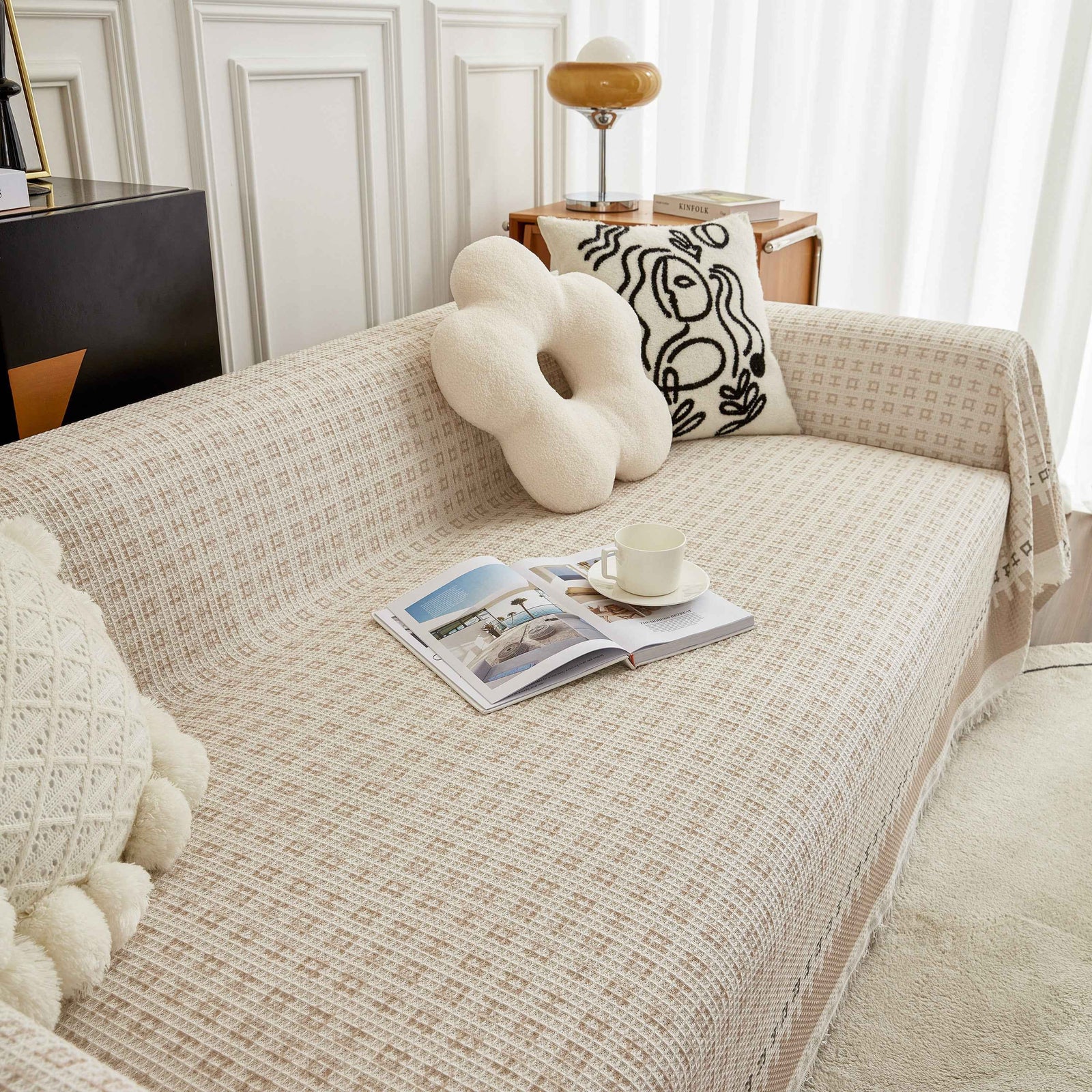 Waffle Lattice Fabric Sofa Cover, Multi-purpose Soft Sofa Throw, Couch Cover Blanket Throws for Couches