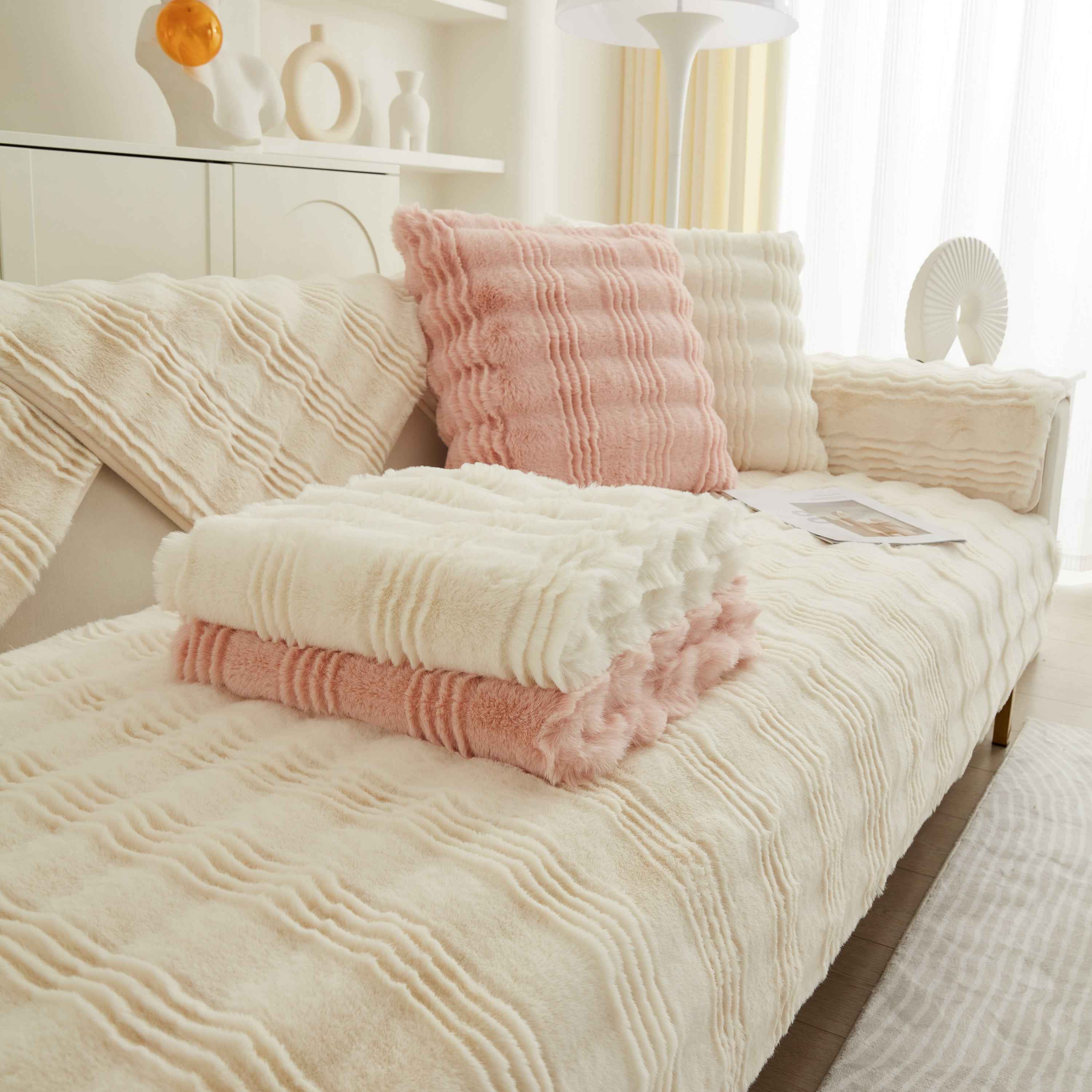 Soft Thick Faux Fur Sofa Cover Stripe Fluffy Fuzzy Non-Slip Washable Couch Covers