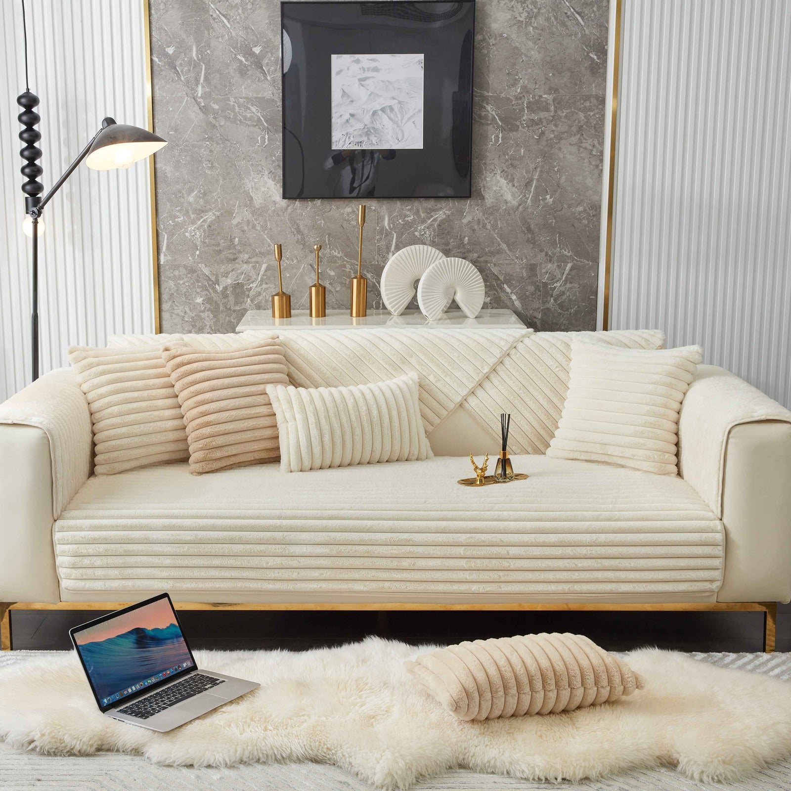 Winter Thickened Rabbit Plush Non-slip Sofa Cushion, Faux Fur Fluffy Furniture Protector