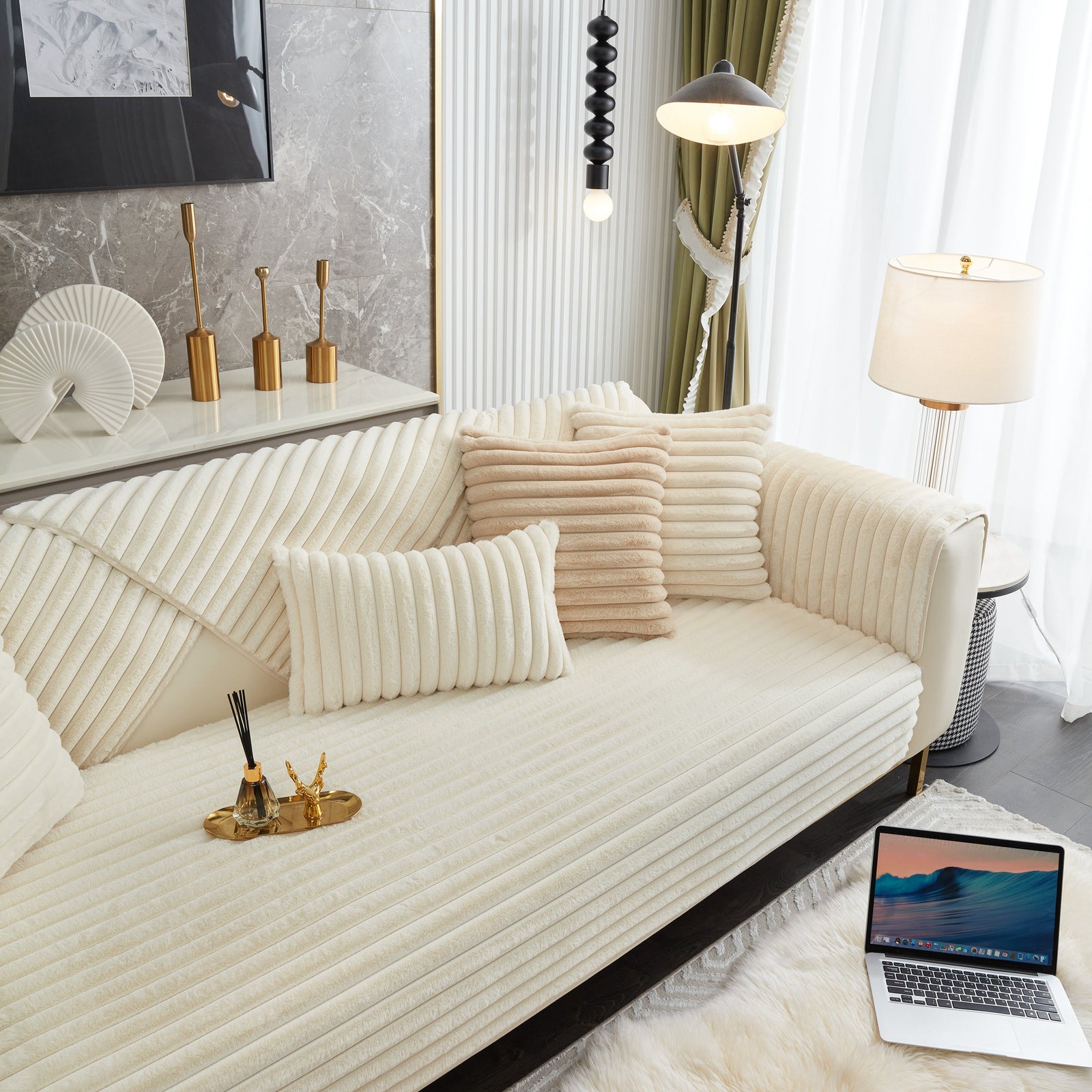 Winter Thickened Rabbit Plush Non-slip Sofa Cushion, Faux Fur Fluffy Furniture Protector
