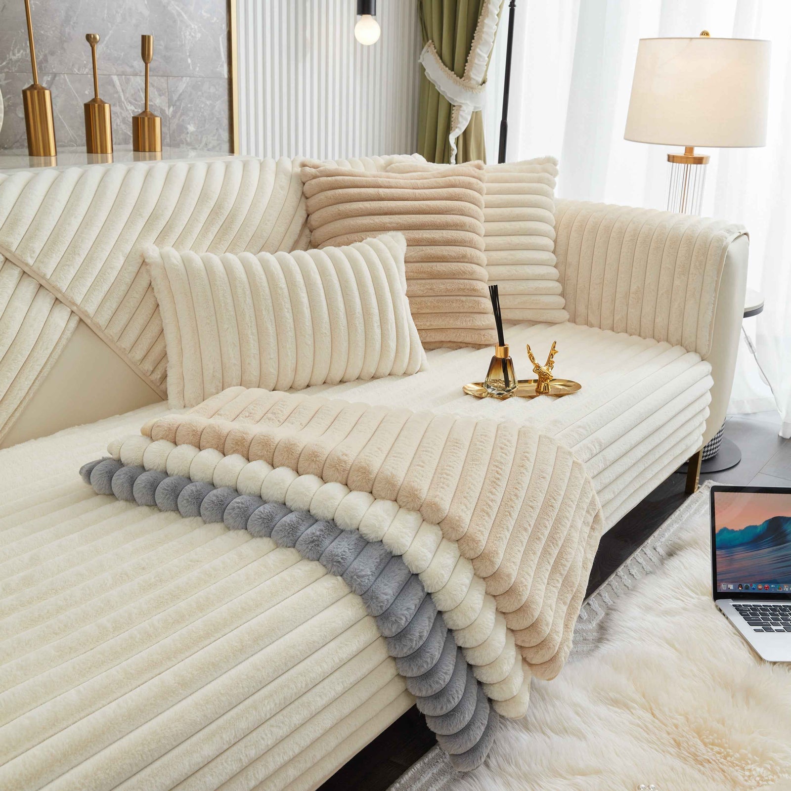Winter Thickened Rabbit Plush Non-slip Sofa Cushion, Faux Fur Fluffy Furniture Protector