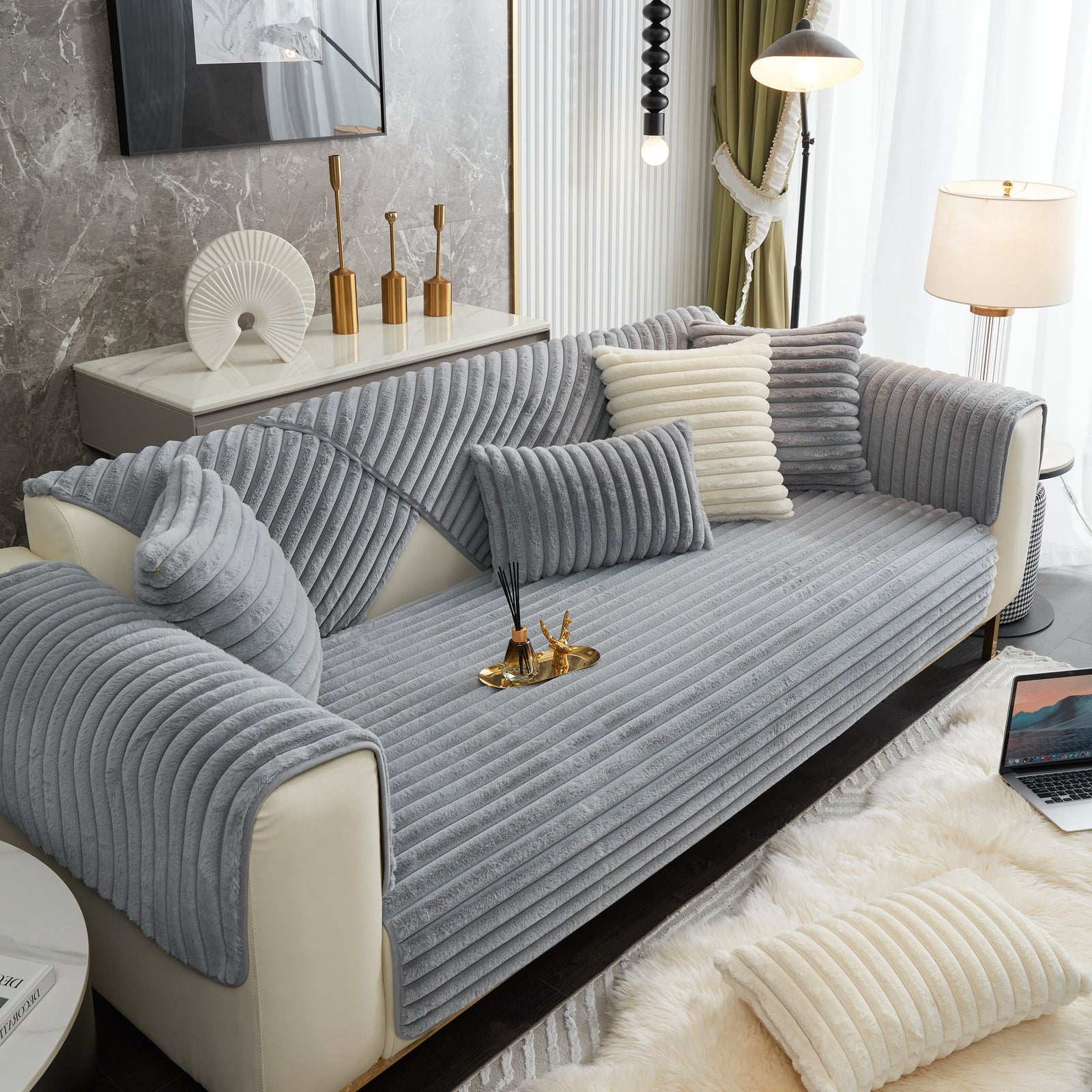 Winter Thickened Rabbit Plush Non-slip Sofa Cushion, Faux Fur Fluffy Furniture Protector