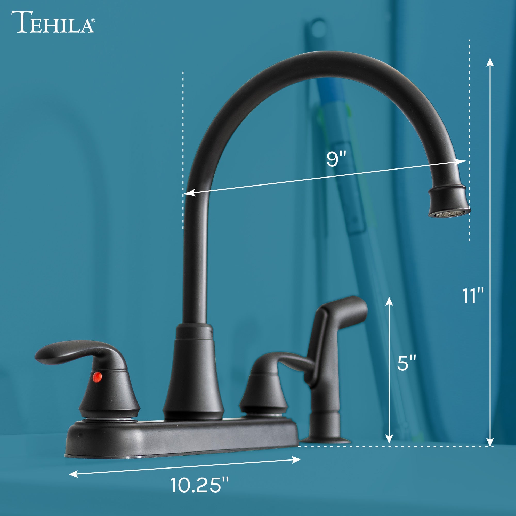 Tehila Black Finish Wide-set Gooseneck Faucet with Side Sprayer