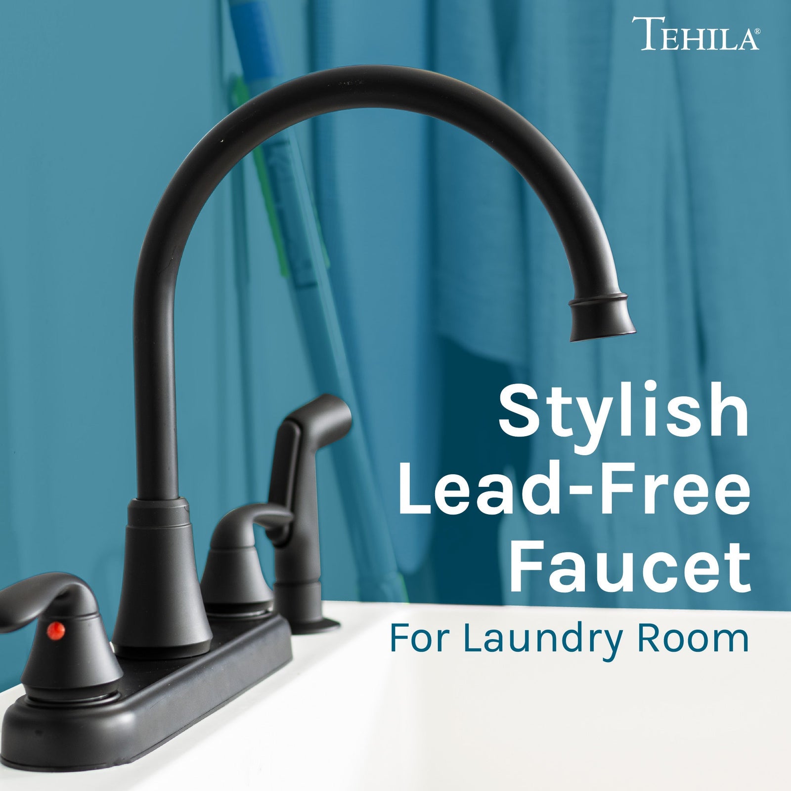 Tehila Black Finish Wide-set Gooseneck Faucet with Side Sprayer