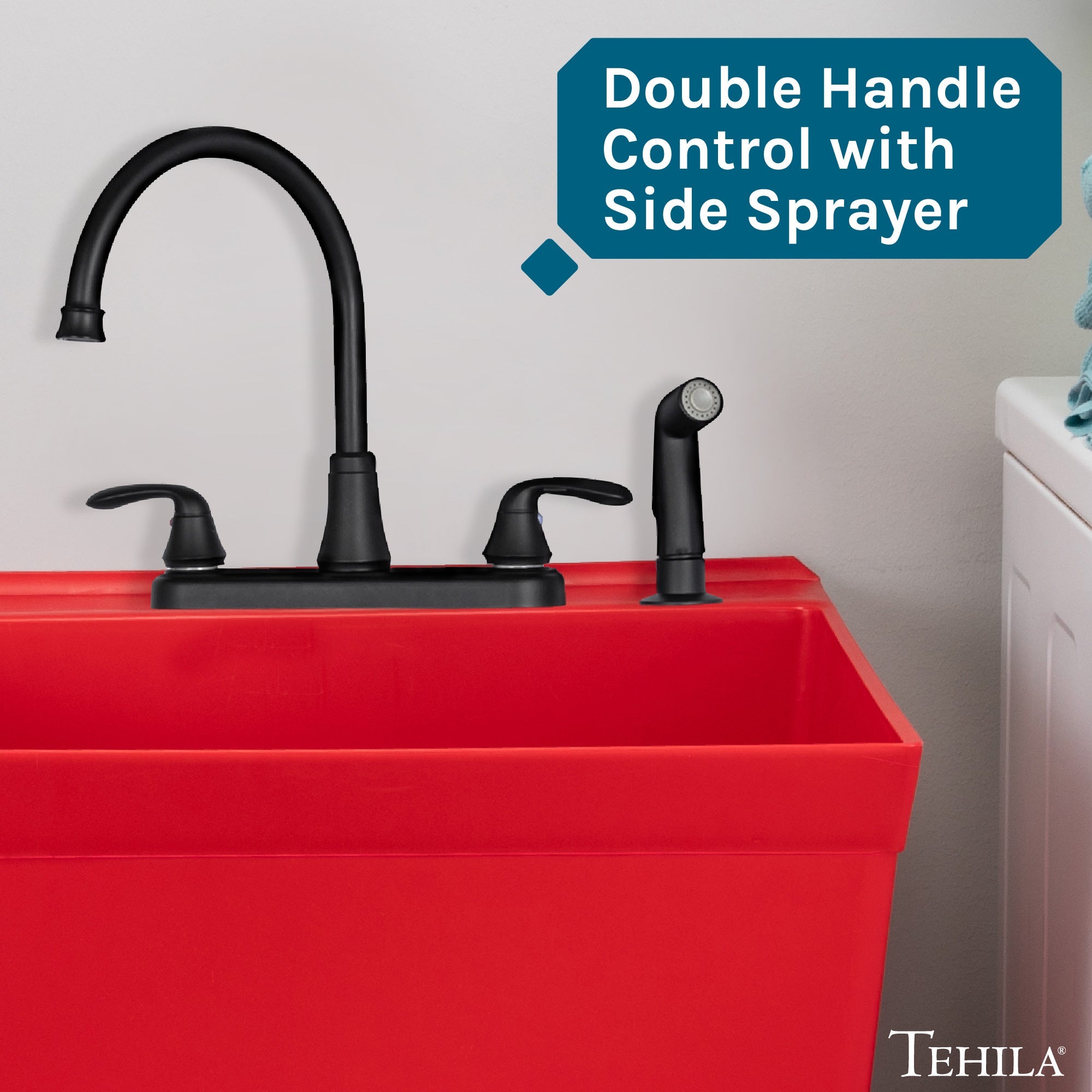 Tehila Black Finish Wide-set Gooseneck Faucet with Side Sprayer