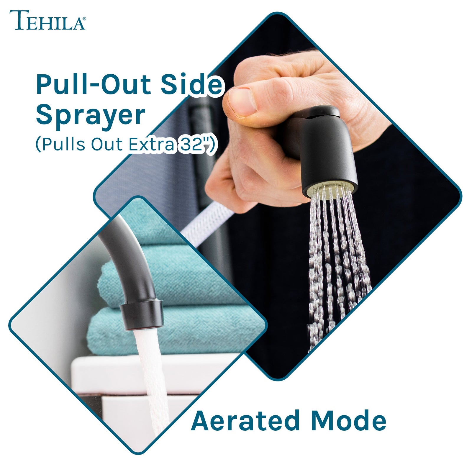 Tehila Black Finish Wide-set Gooseneck Faucet with Side Sprayer