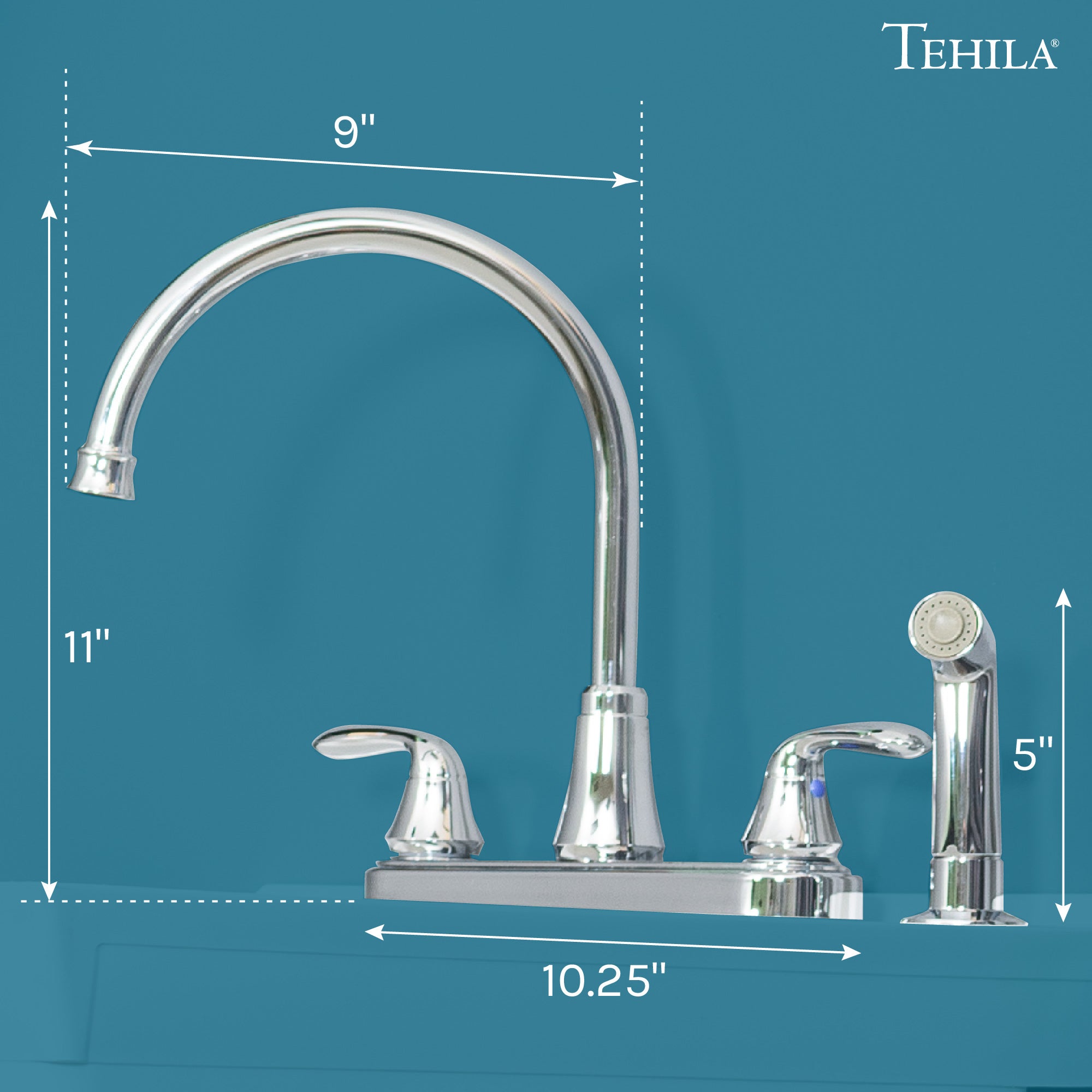 Tehila Chrome Finish Wide-set Gooseneck Faucet with Side Sprayer