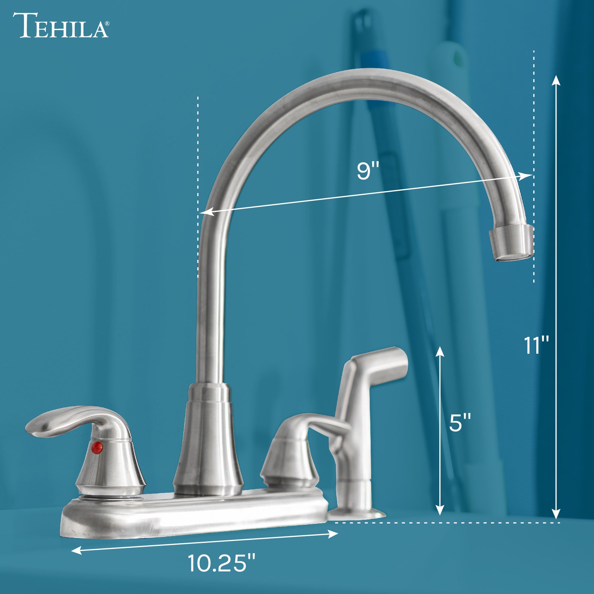 Tehila Stainless Steel Finish Wide-set Gooseneck Faucet with Side Sprayer