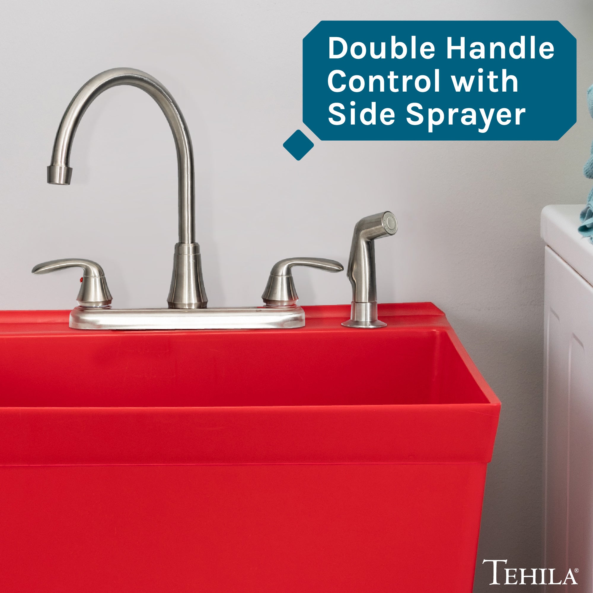 Tehila Stainless Steel Finish Wide-set Gooseneck Faucet with Side Sprayer