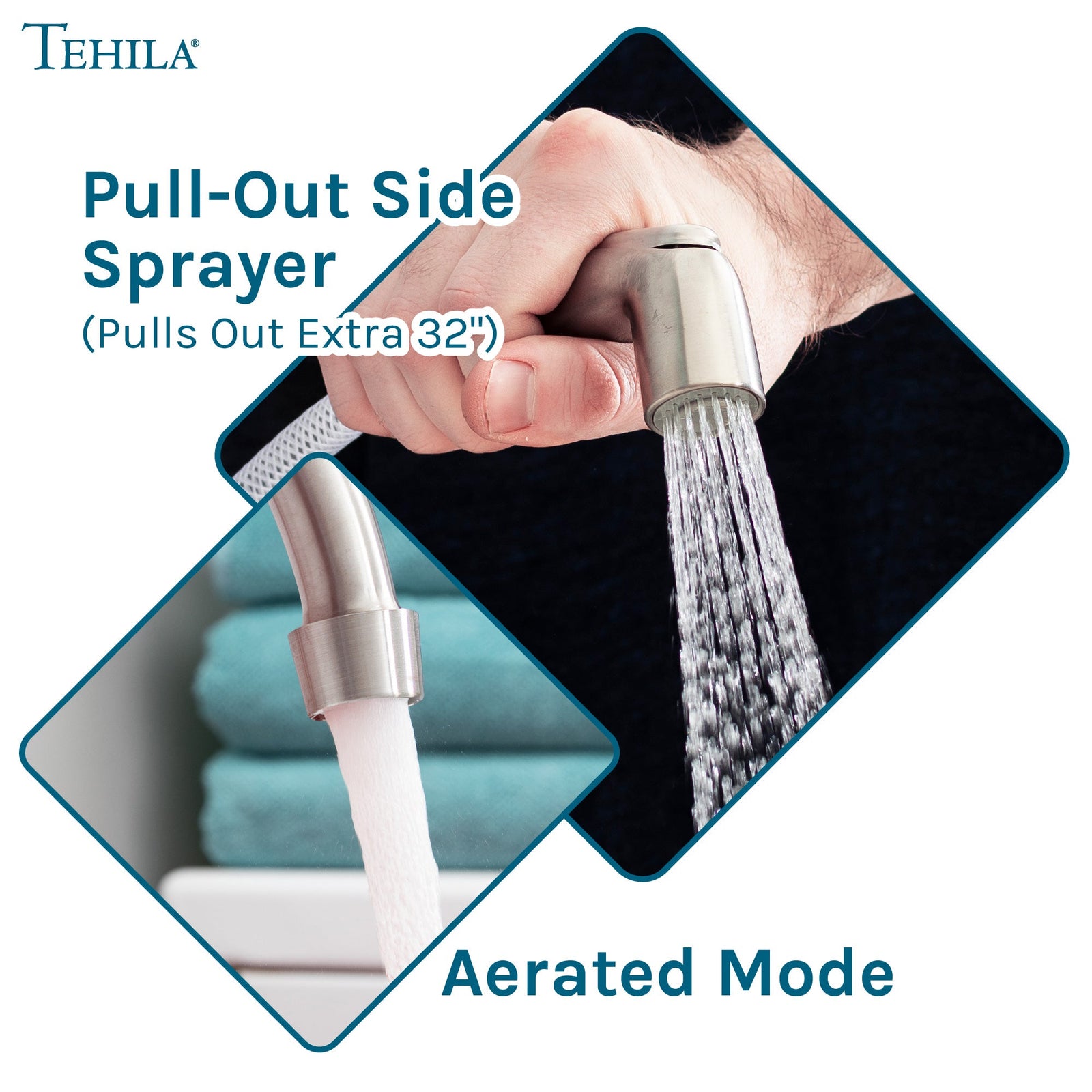 Tehila Stainless Steel Finish Wide-set Gooseneck Faucet with Side Sprayer