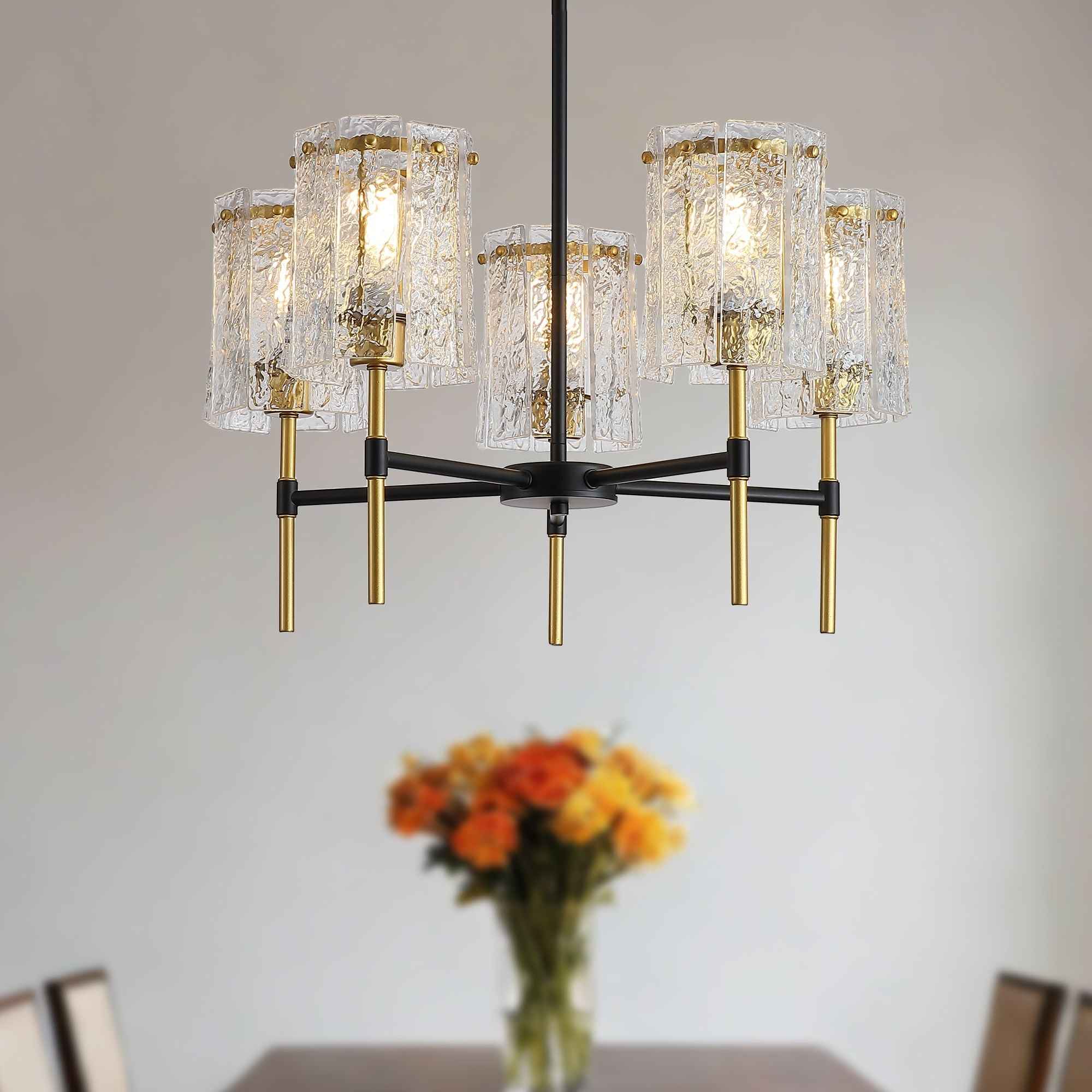 5 Light Chandelier, Textured Glass Pendant Light, (Not Including The Bulb) For Living Room - Black / Gold
