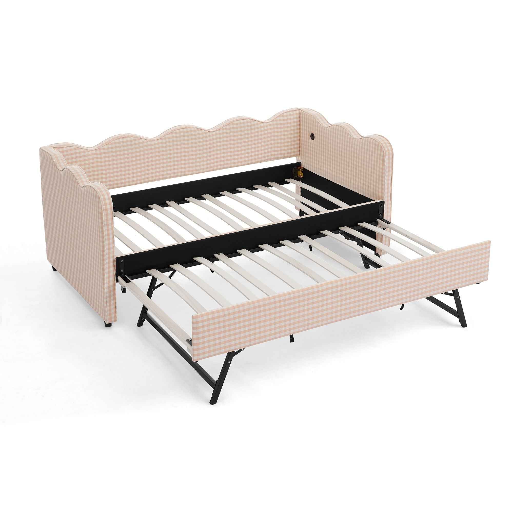 Gingham Daybed With USB Charging Port, Wave Shaped Design