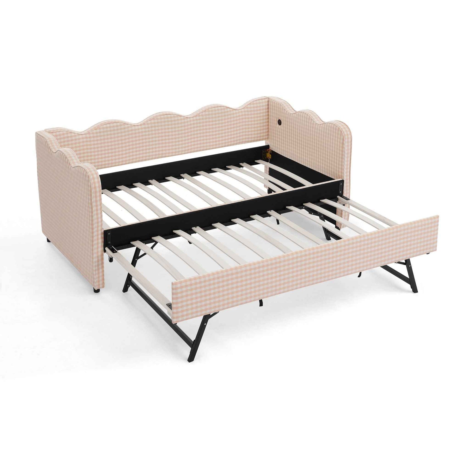 Gingham Daybed With USB Charging Port, Wave Shaped Design