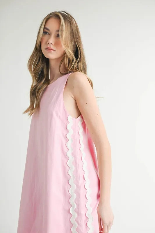 Linen Mix Side Ric Rac A-Line Mini Dress for Women – Casual Mini Dress, Summer Dress, A-Line Dress, Chic Peasant Dress, Vacation Dress, Flattering Fit Dress